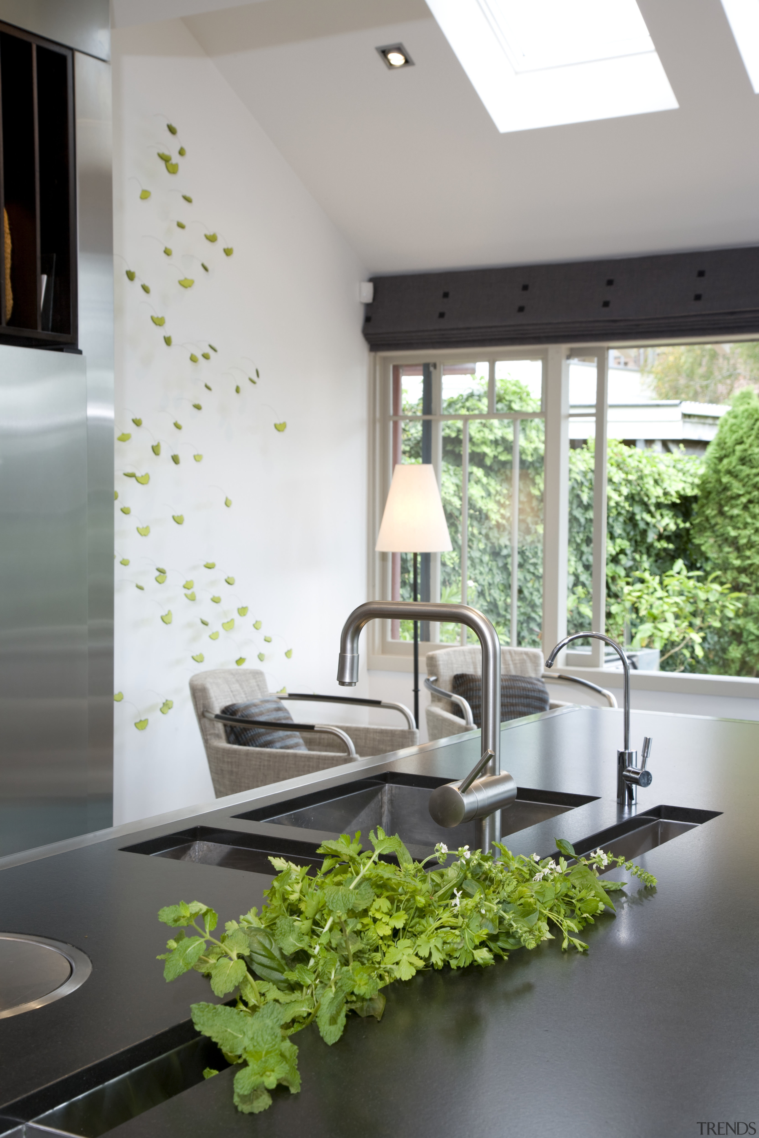 The kitchen, designed by architect Gordon Moller and home, house, interior design, kitchen, living room, window, gray