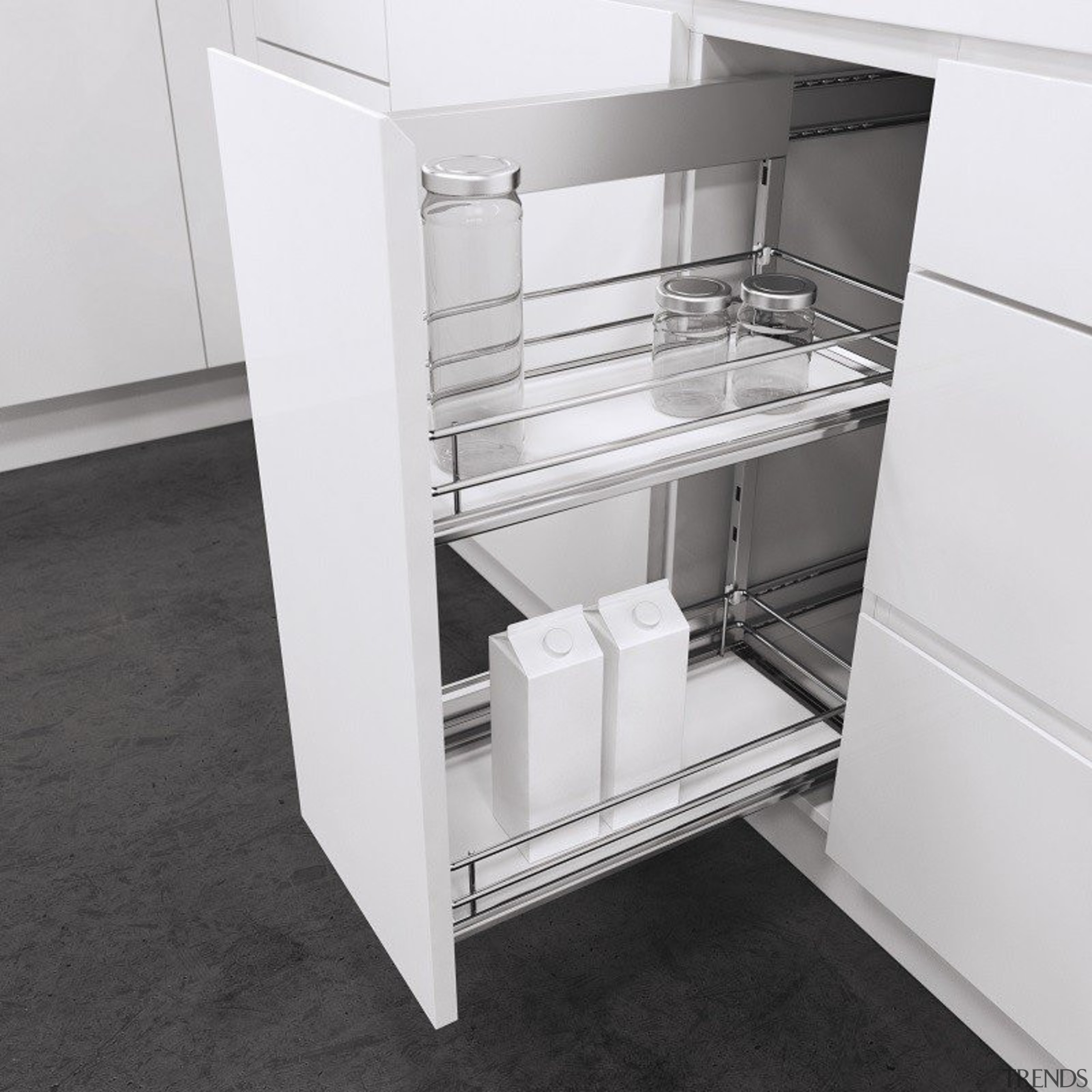 Vauth Sagel’s Side Mounted Pull Out with Premea drawer, furniture, product, product design, shelf, shelving, white, black, gray