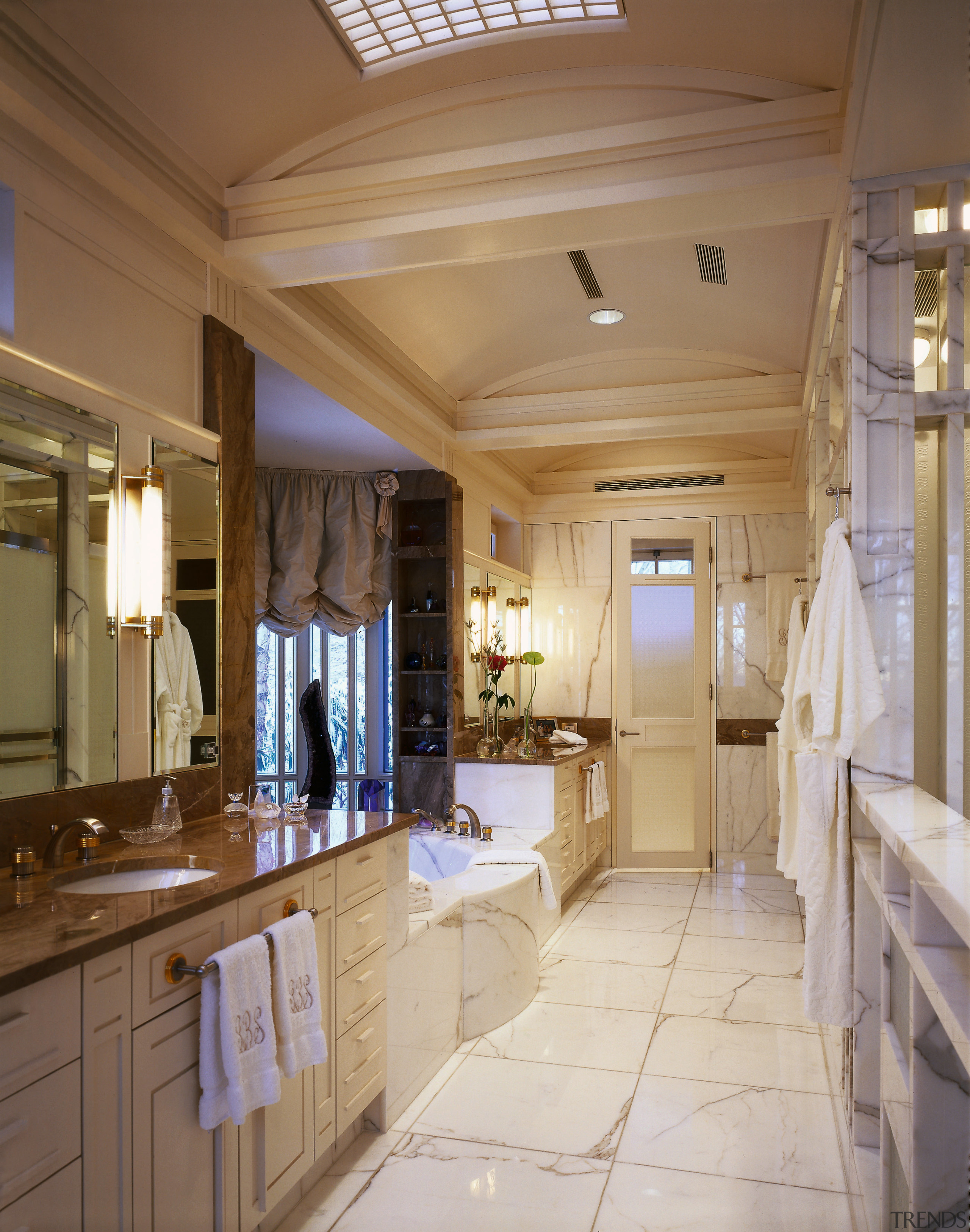 View of the bathroom, tiled floor, wooden cabinetry, ceiling, countertop, estate, interior design, room, brown, gray