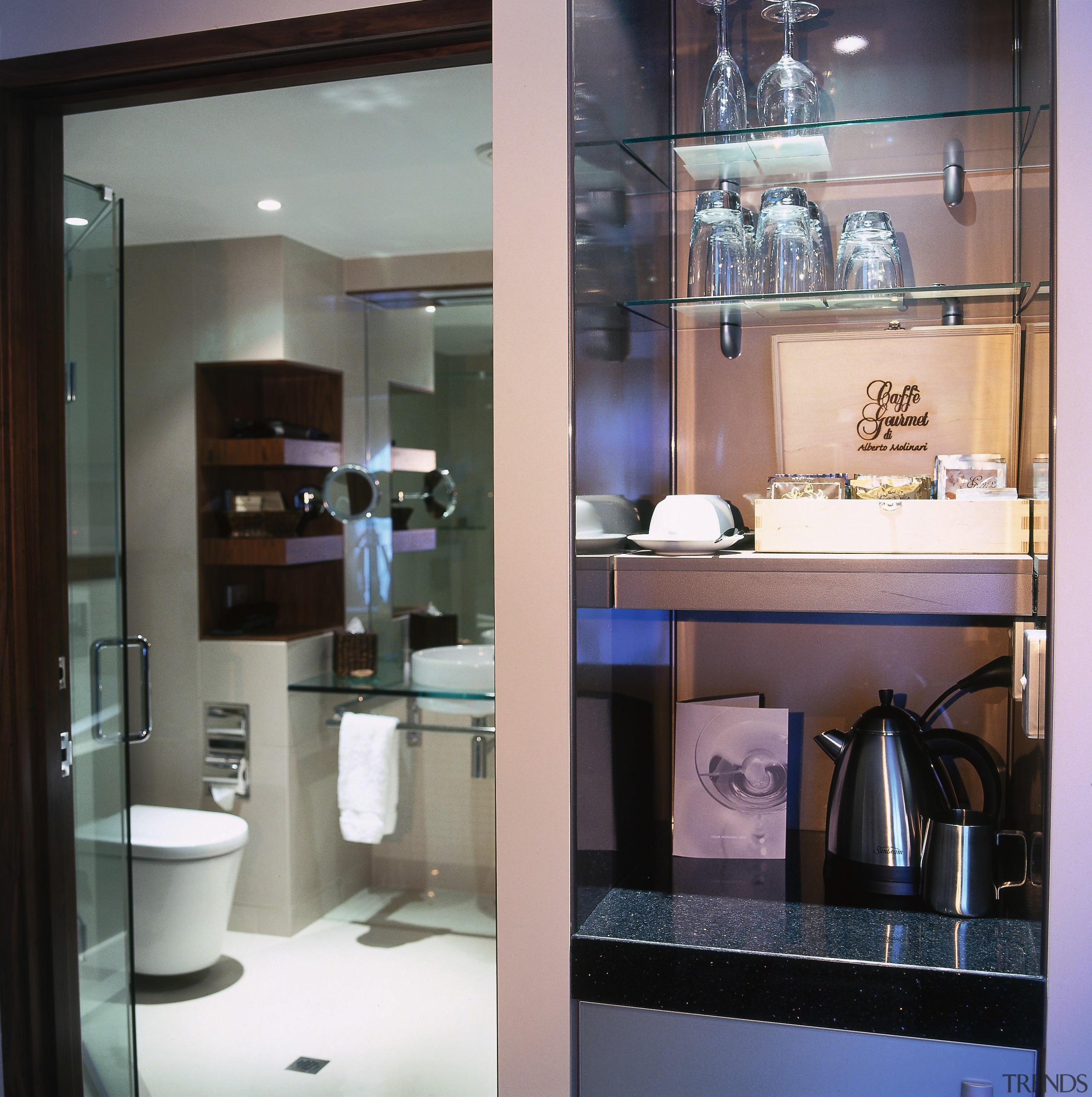 A view of the interiors created by Modulink. bathroom, bathroom accessory, interior design, shelf, shelving, gray, black