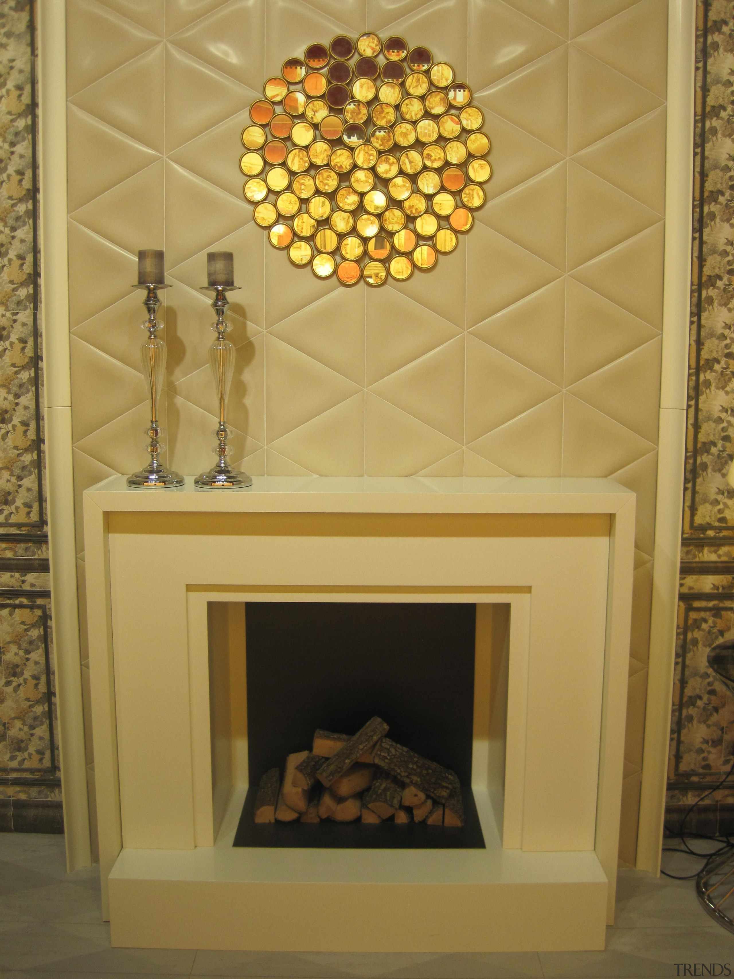 Elvida  - triangular tiles 320x270mm - Elvida ceiling, fireplace, hearth, interior design, orange, brown