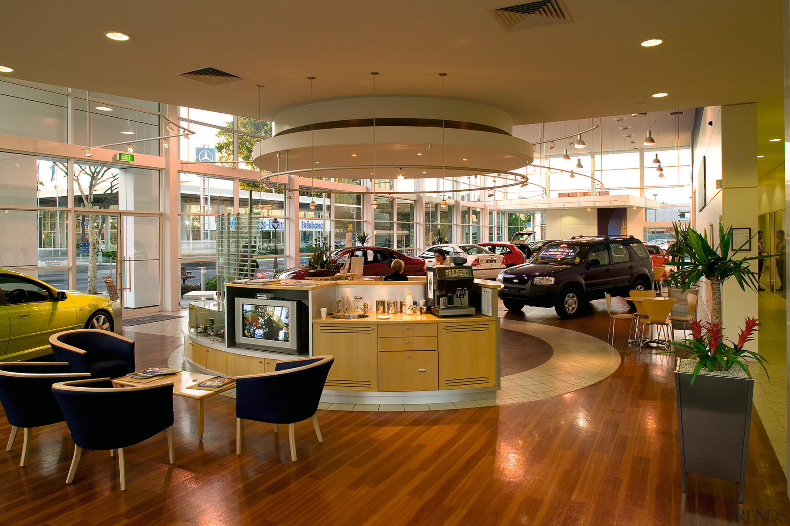 view ofe circular reception with adjacent showroom and cafeteria, interior design, lobby, retail, shopping mall, brown