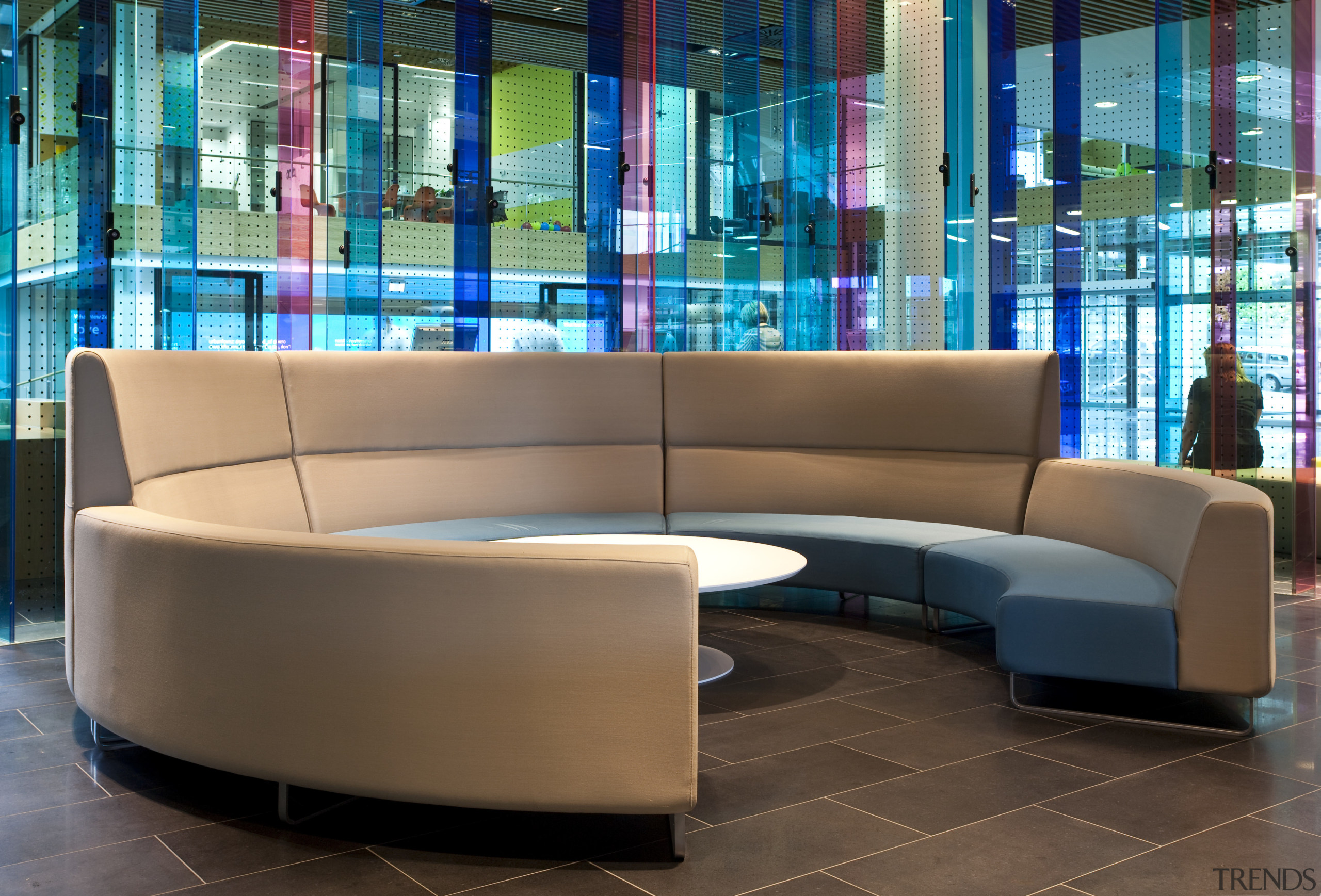 View of furnishings by Fletcher Systems for the angle, chair, couch, furniture, interior design, lobby, table, waiting room, brown