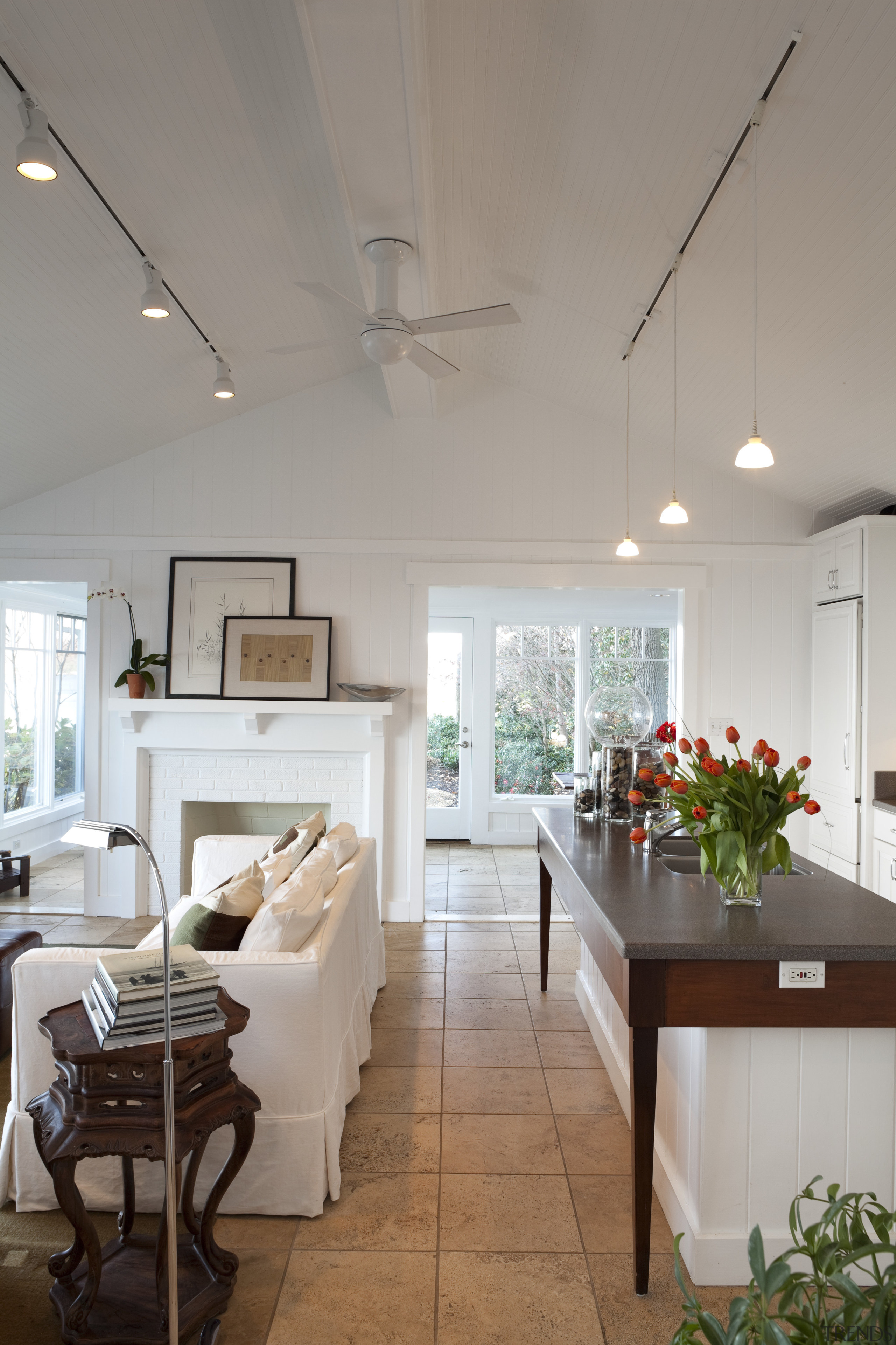 Lounge with tiled flooring, white couches and wooden architecture, ceiling, daylighting, home, house, interior design, kitchen, living room, real estate, room, table, gray