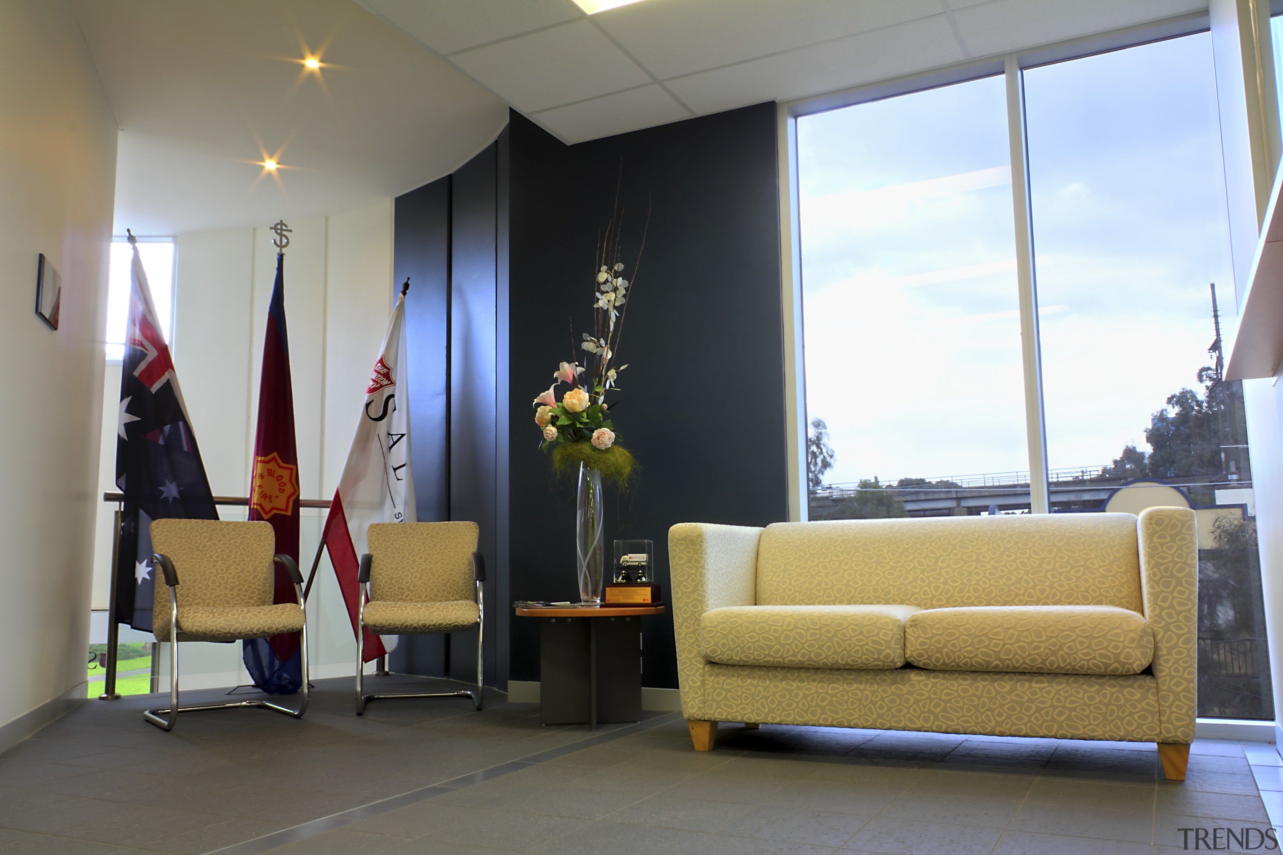 Interior view of the Salvation Army building, windows furniture, interior design, room, gray