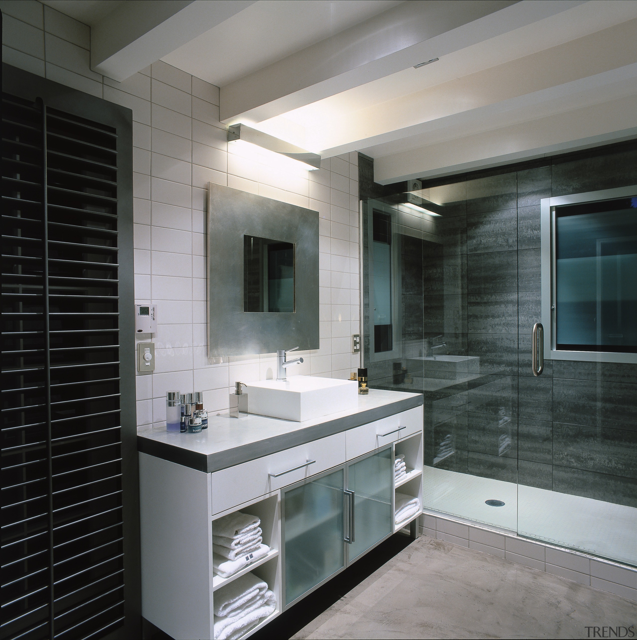 View of this master ensuite - View of bathroom, bathroom accessory, floor, glass, interior design, room, sink, gray, black