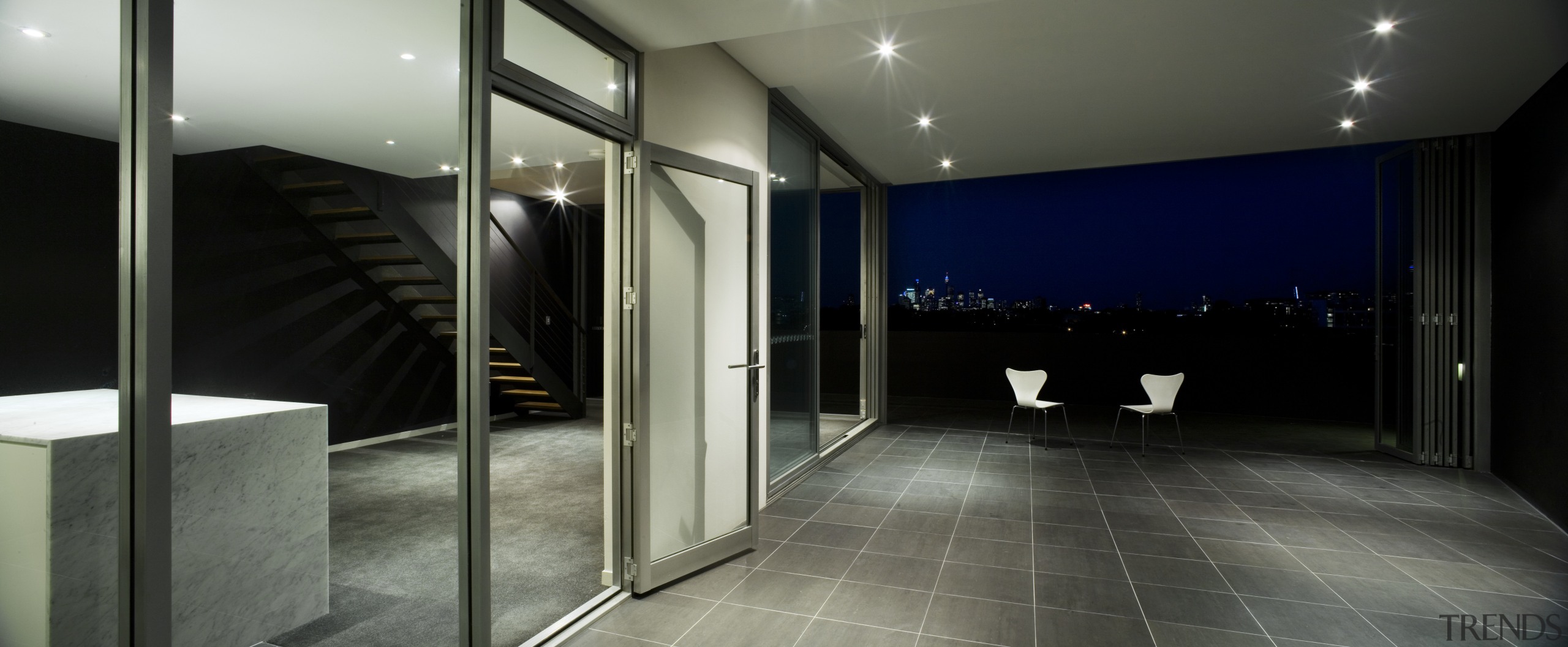 View of a access corridor inside the Coda architecture, ceiling, floor, flooring, interior design, property, real estate, window, black, gray