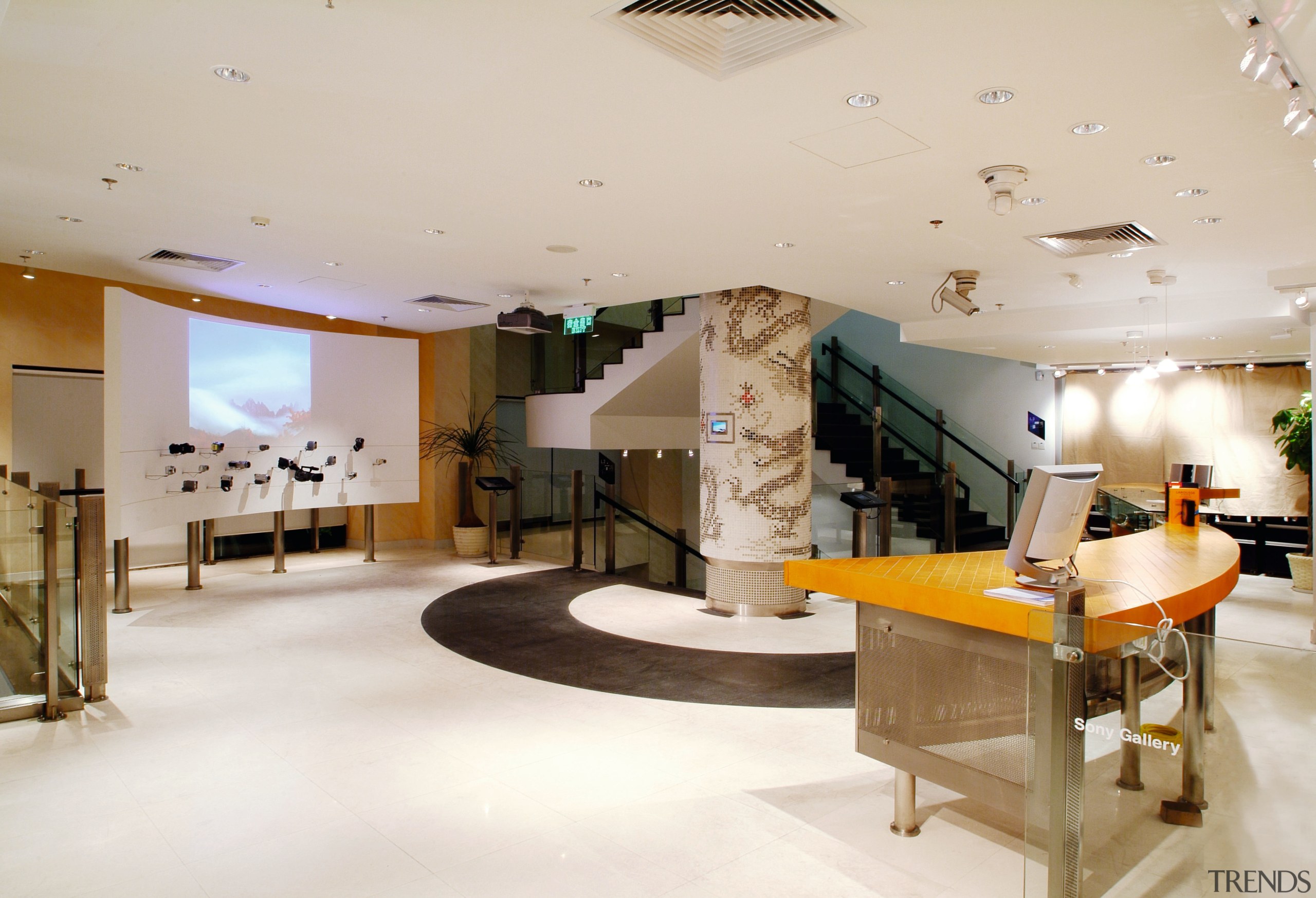 A view of the Sony gallery, polished concrete ceiling, interior design, lobby, gray