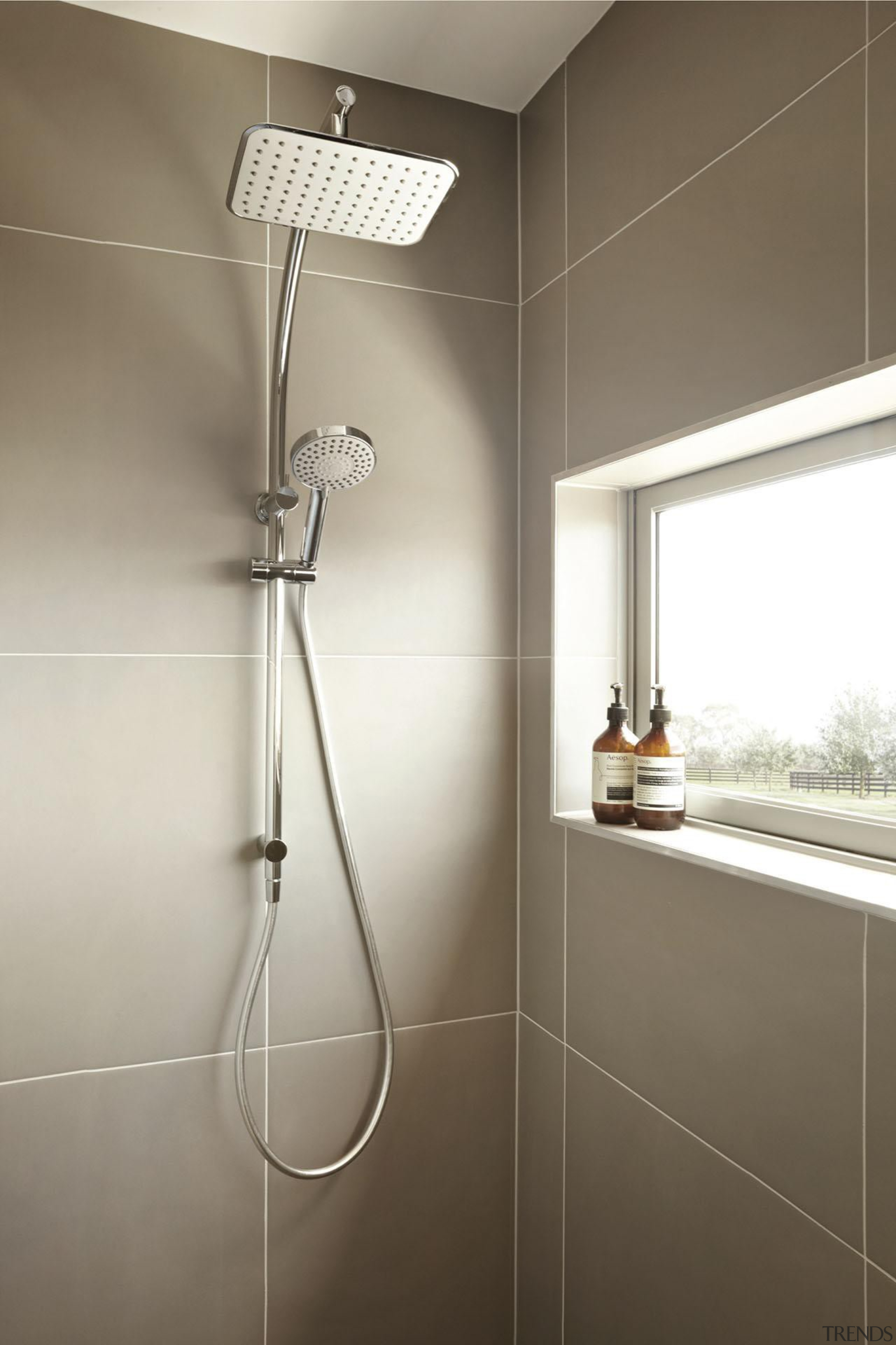 rush twin shower - Our Product - bathroom bathroom, light fixture, lighting, plumbing fixture, product design, shower, tap, tile, white, gray, brown