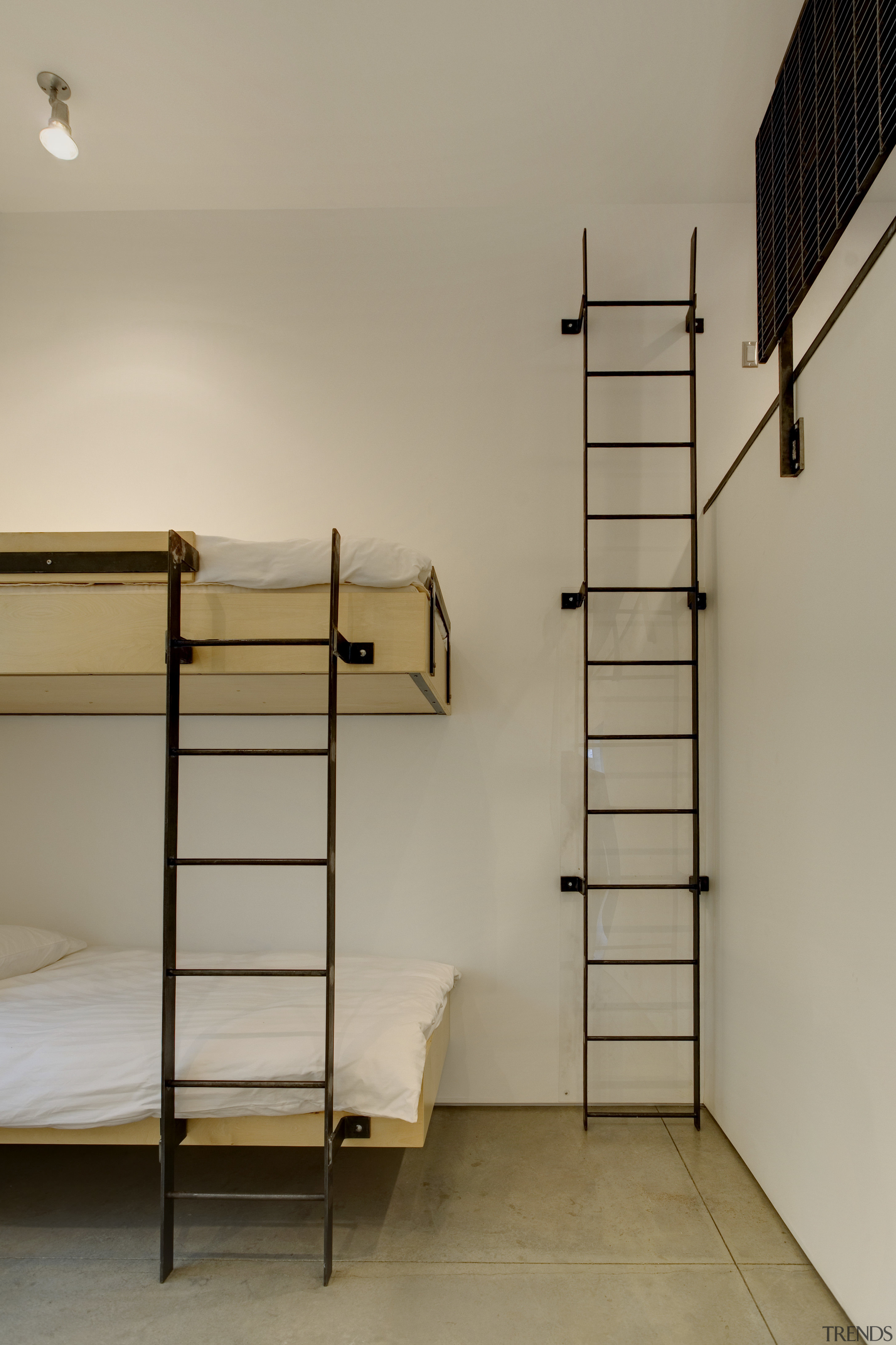 View of bunk beds with ladders. - View floor, furniture, product design, shelf, shelving, wood, orange
