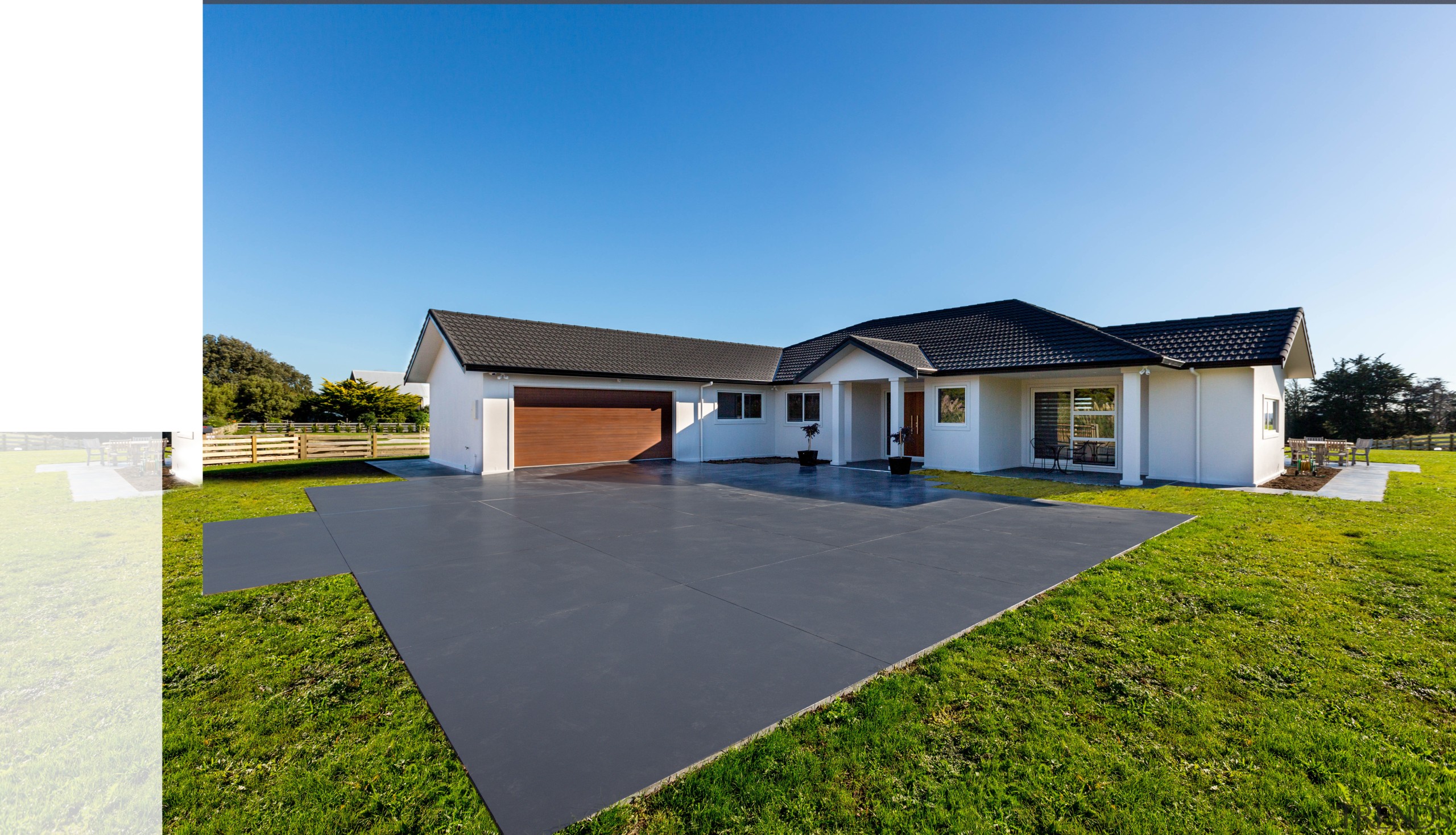 Low -set and sprawling, this Feilding home won architecture, elevation, estate, facade, home, house, land lot, landscape, property, real estate, residential area, sky, villa, teal