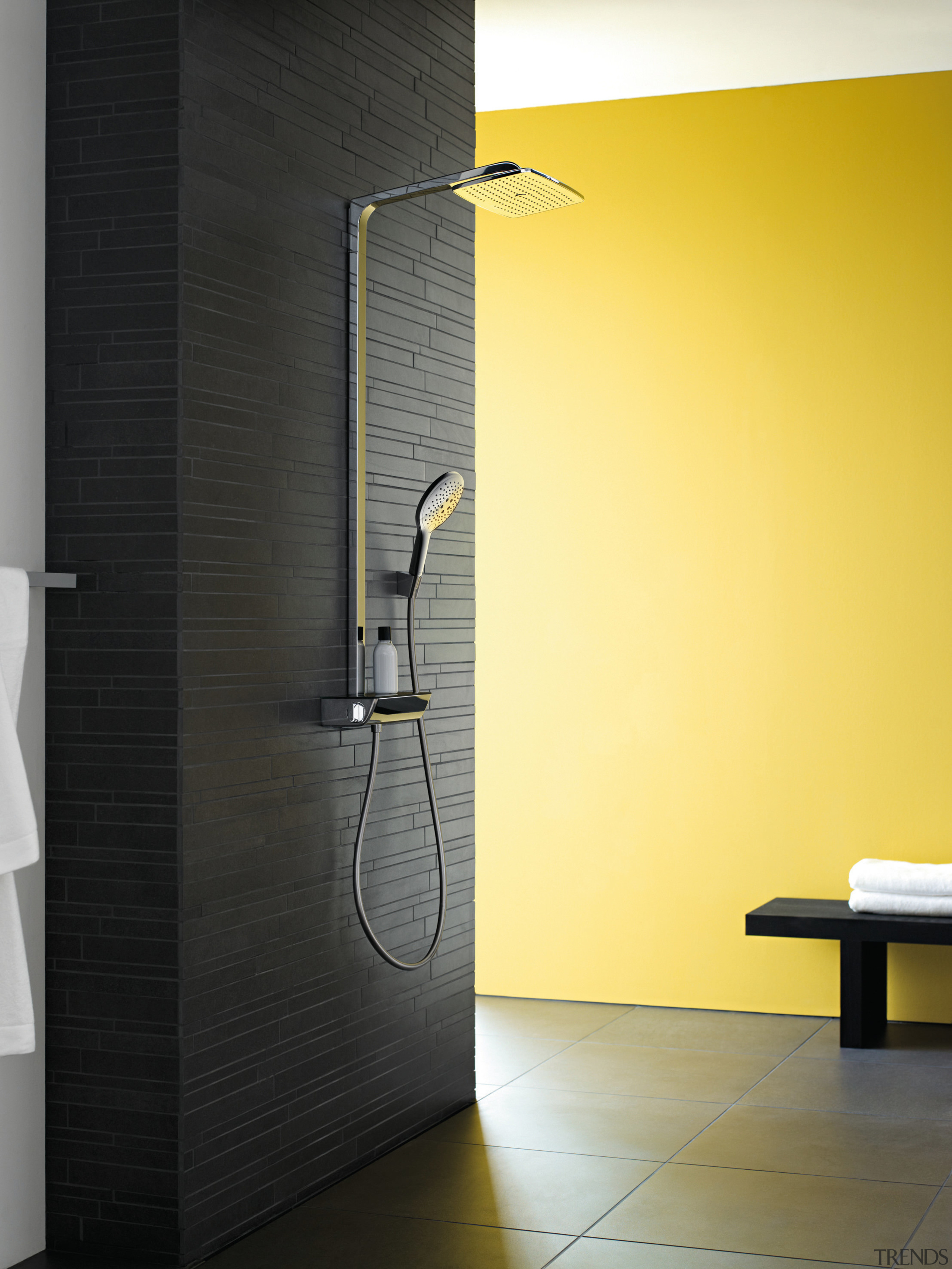 Puravida tapware is just one of many showcased bathroom, door, floor, flooring, glass, interior design, plumbing fixture, product design, wall, black, yellow
