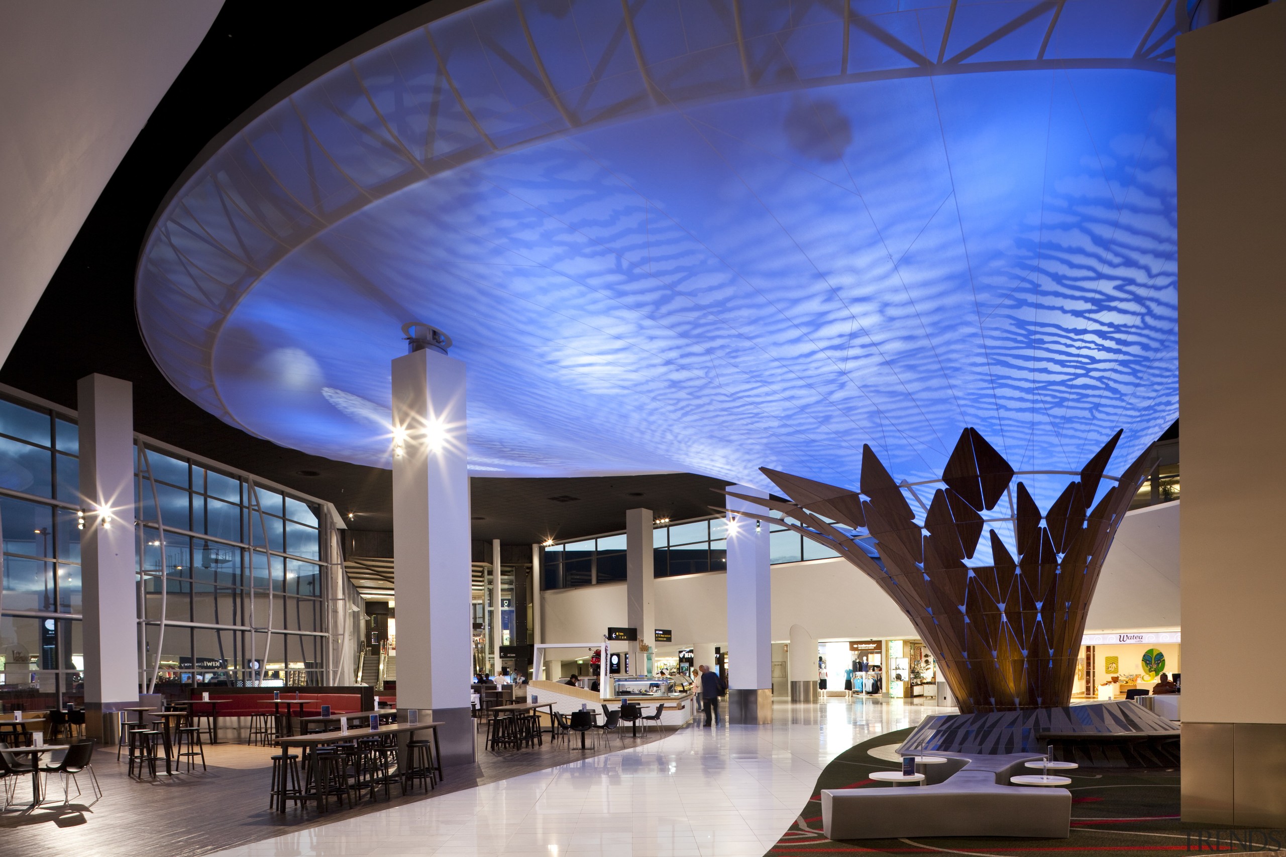 View of Auckland International Airport centrepiece, resembling the architecture, ceiling, convention center, daylighting, interior design, lighting, lobby, metropolitan area, mixed use, shopping mall, tourist attraction, blue