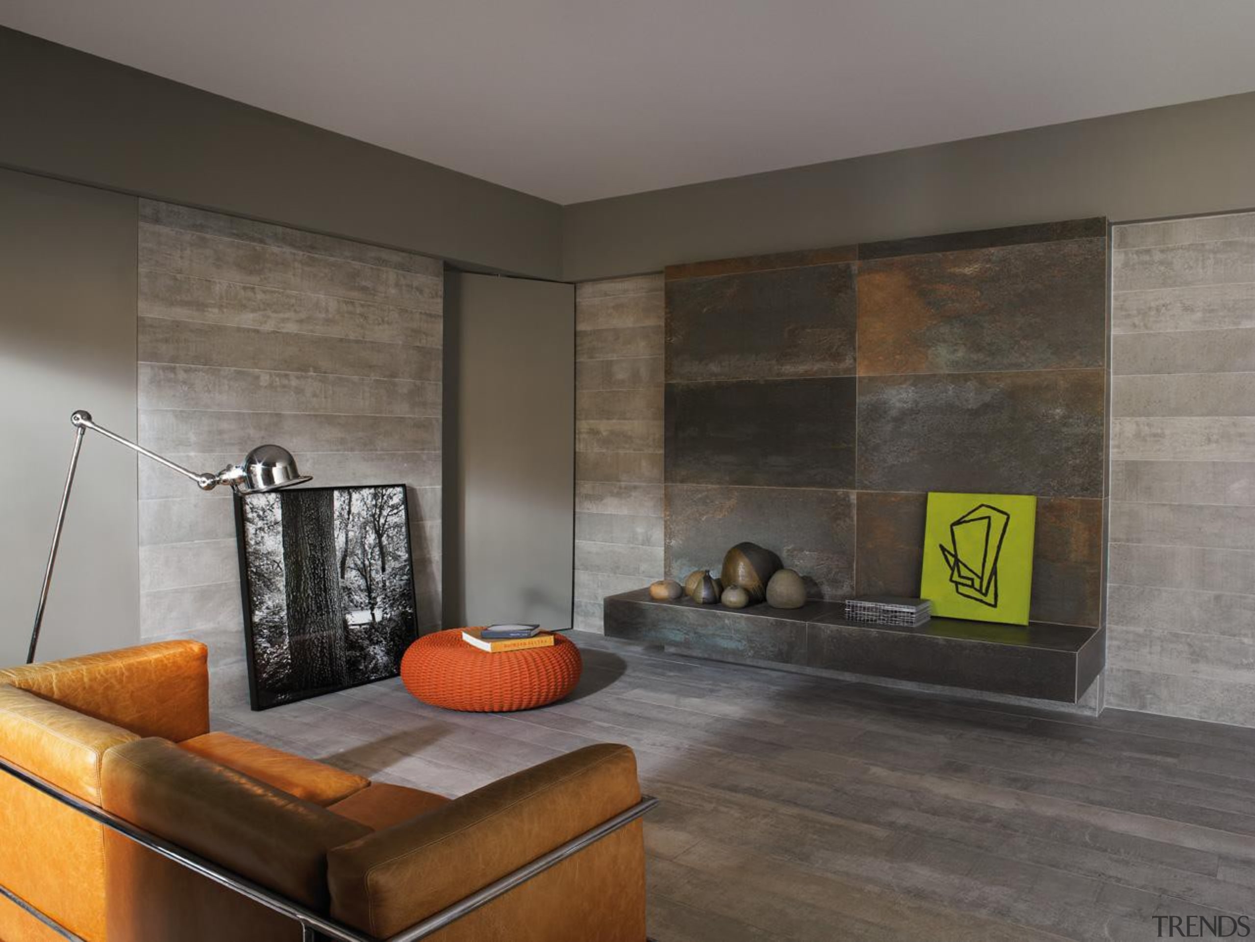 Floor and walls of this modern industrial style ceiling, floor, flooring, interior design, living room, room, wall, wood flooring, gray, black