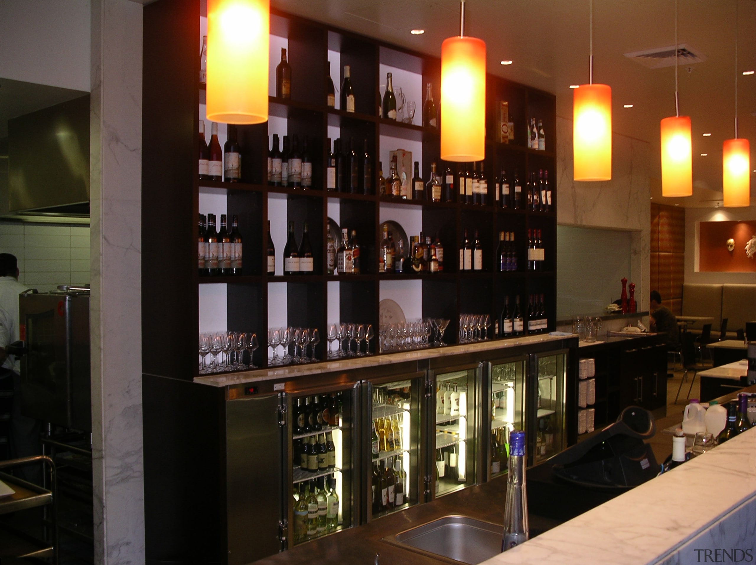 View of commercial food and beverage refrigeration designed bar, distilled beverage, interior design, liquor store, restaurant, black