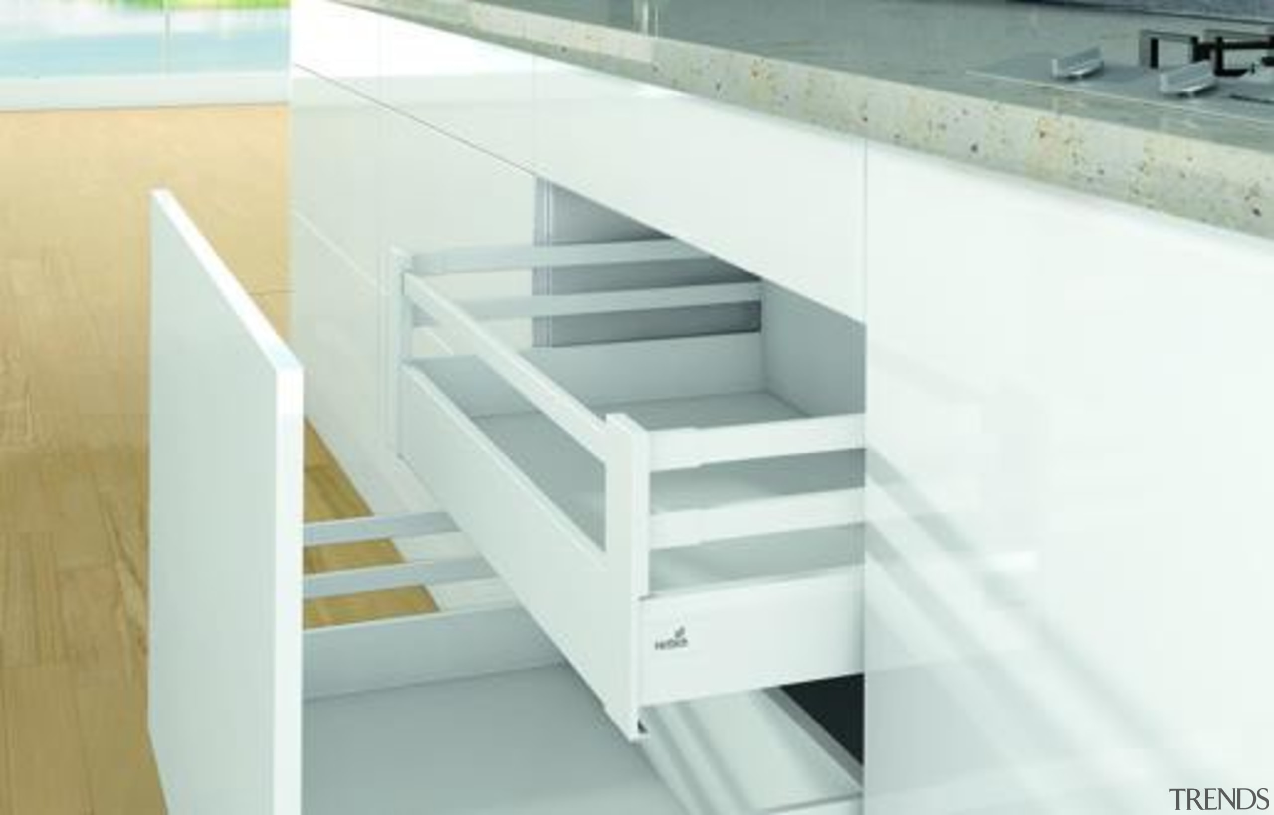 Pot &amp; Pan Drawers - Pot & Pan furniture, handrail, product, product design, shelf, shelving, stairs, white