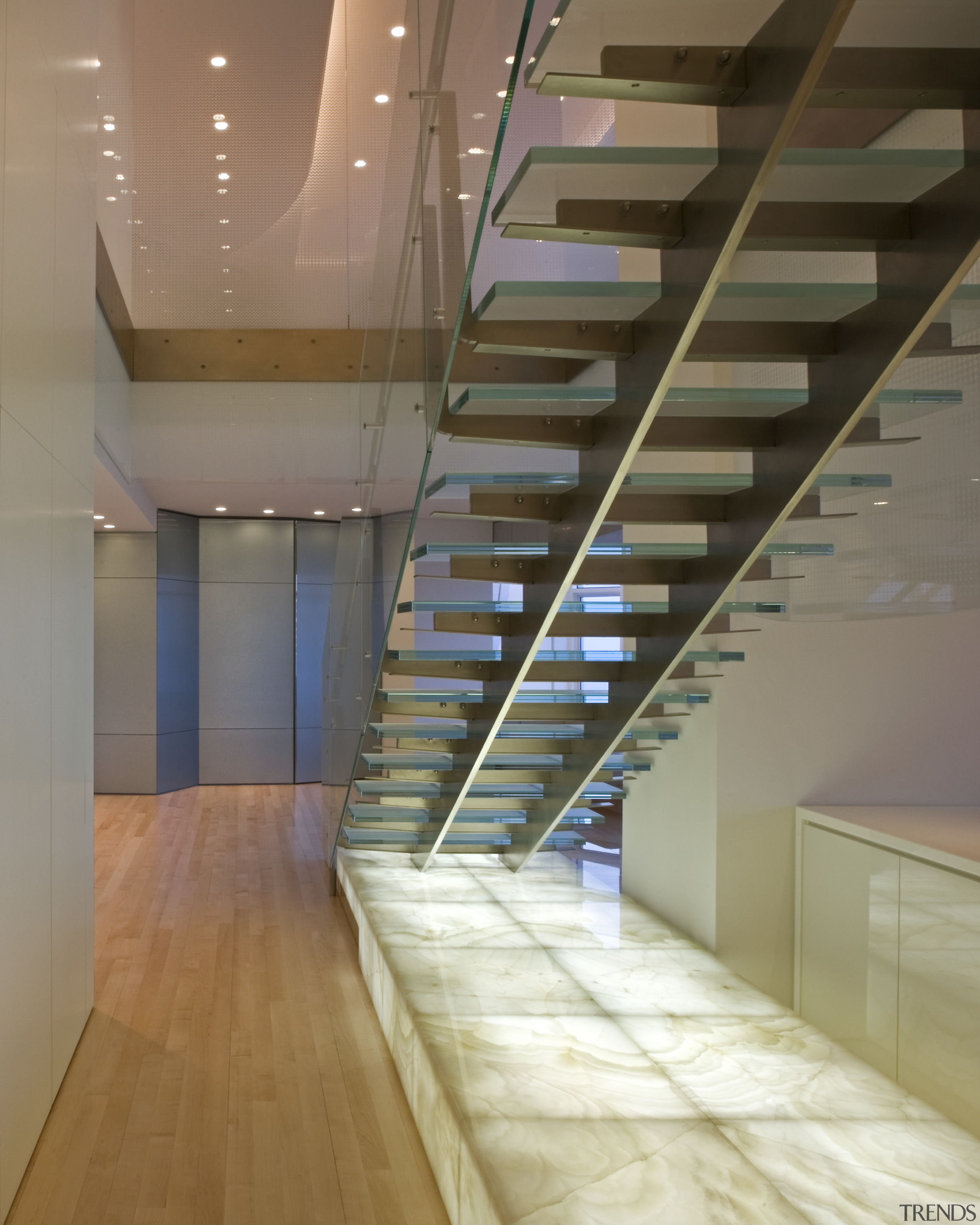 View of penthouse with white walls and a architecture, ceiling, daylighting, floor, flooring, glass, handrail, hardwood, interior design, laminate flooring, lobby, stairs, wall, wood, wood flooring, brown