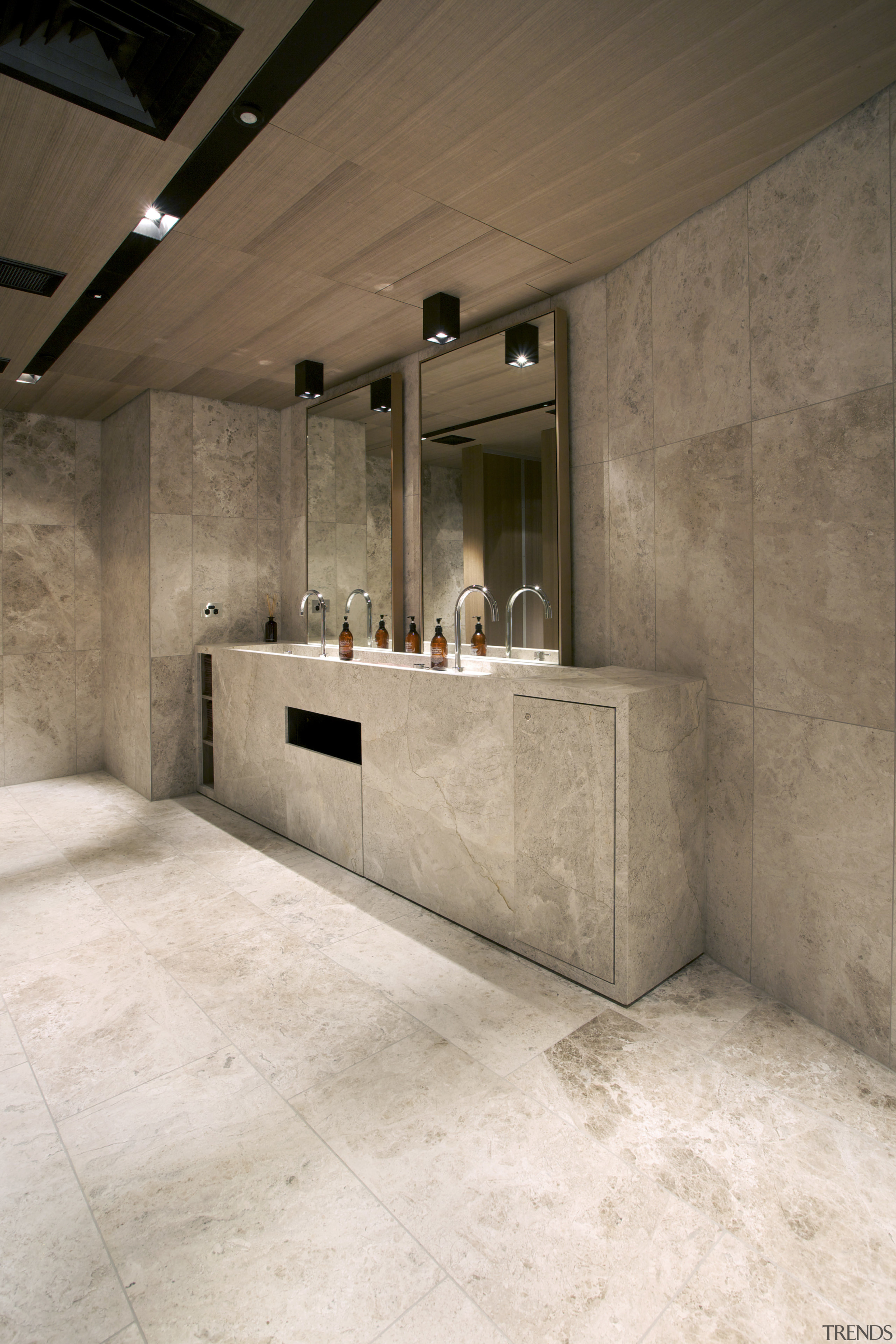 Marble surfaces from The Tile People feature in floor, flooring, interior design, room, tile, wall, brown, white