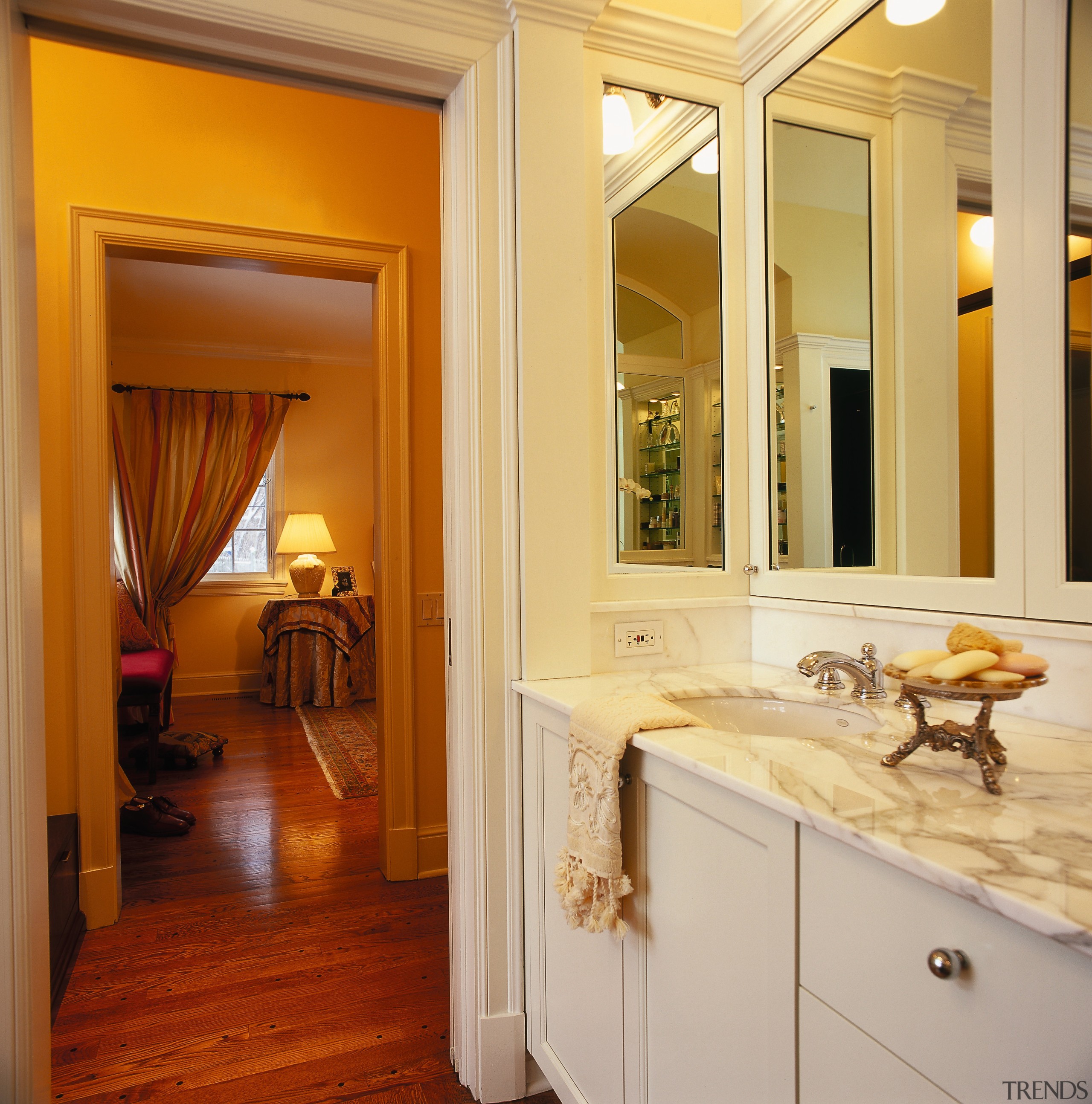 Bathroom with marble vanity top, mirrors, timber flooring bathroom, cabinetry, ceiling, countertop, floor, flooring, home, interior design, real estate, room, wall, window, wood flooring, orange, brown