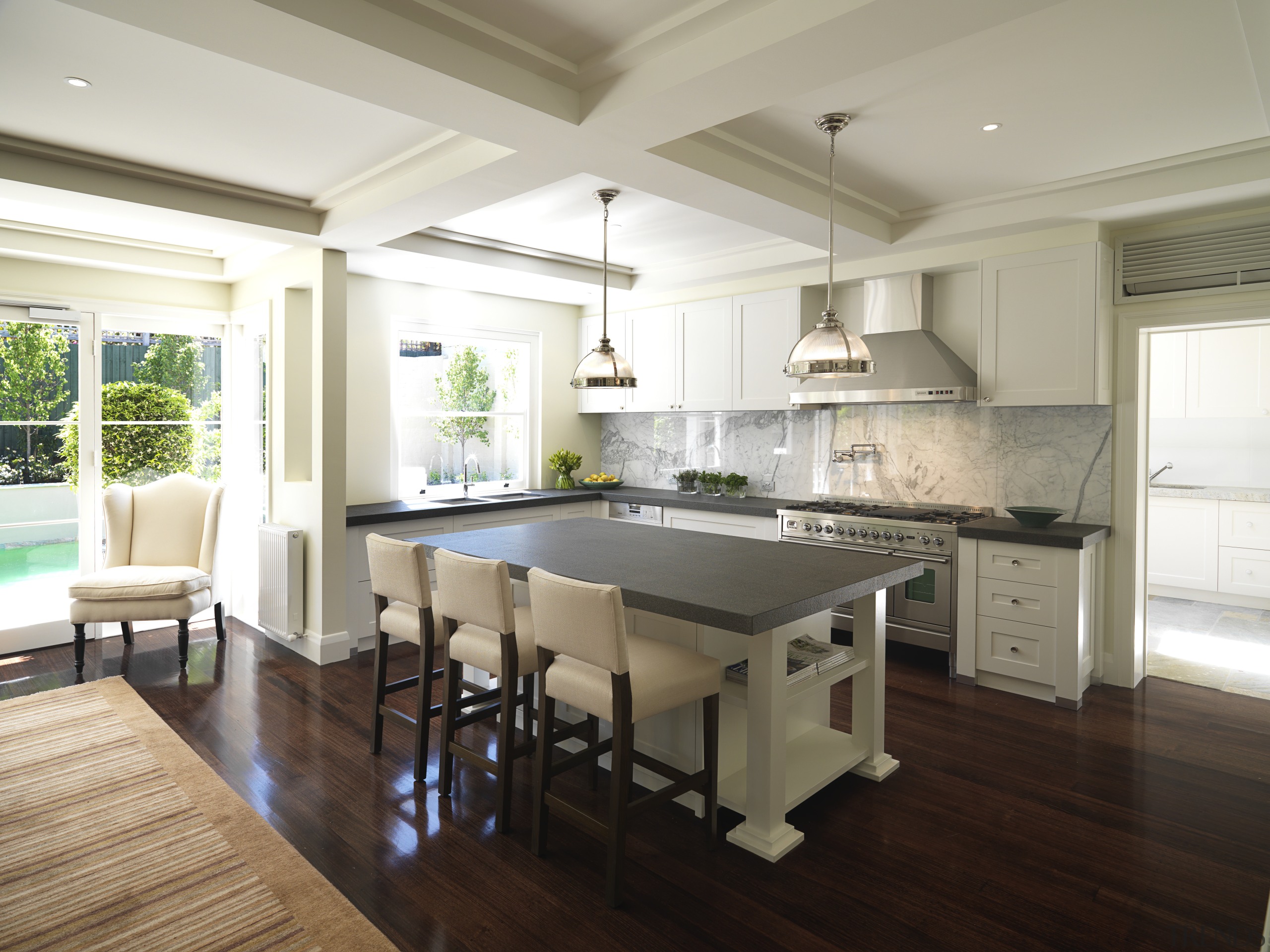 View of interior paints by PPG paint Systems ceiling, countertop, floor, flooring, hardwood, interior design, kitchen, laminate flooring, real estate, room, wood flooring, white