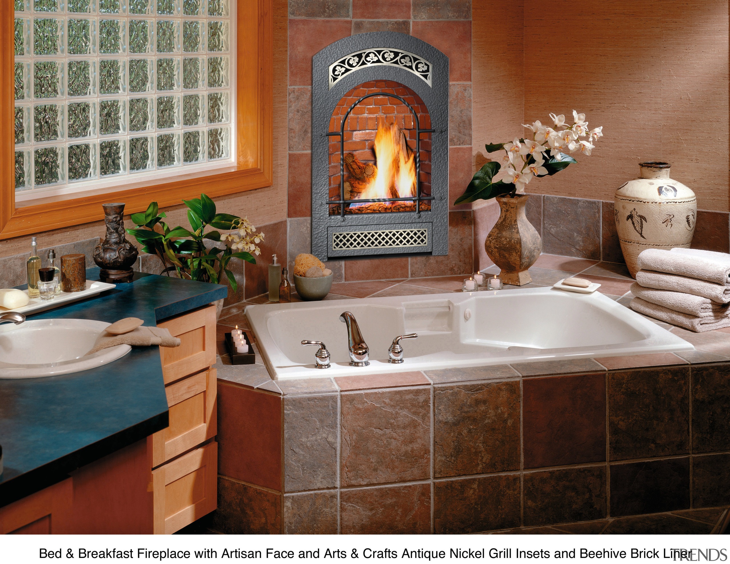 View of this bathroom with a fireplace from bathroom, countertop, flooring, home, interior design, room, brown