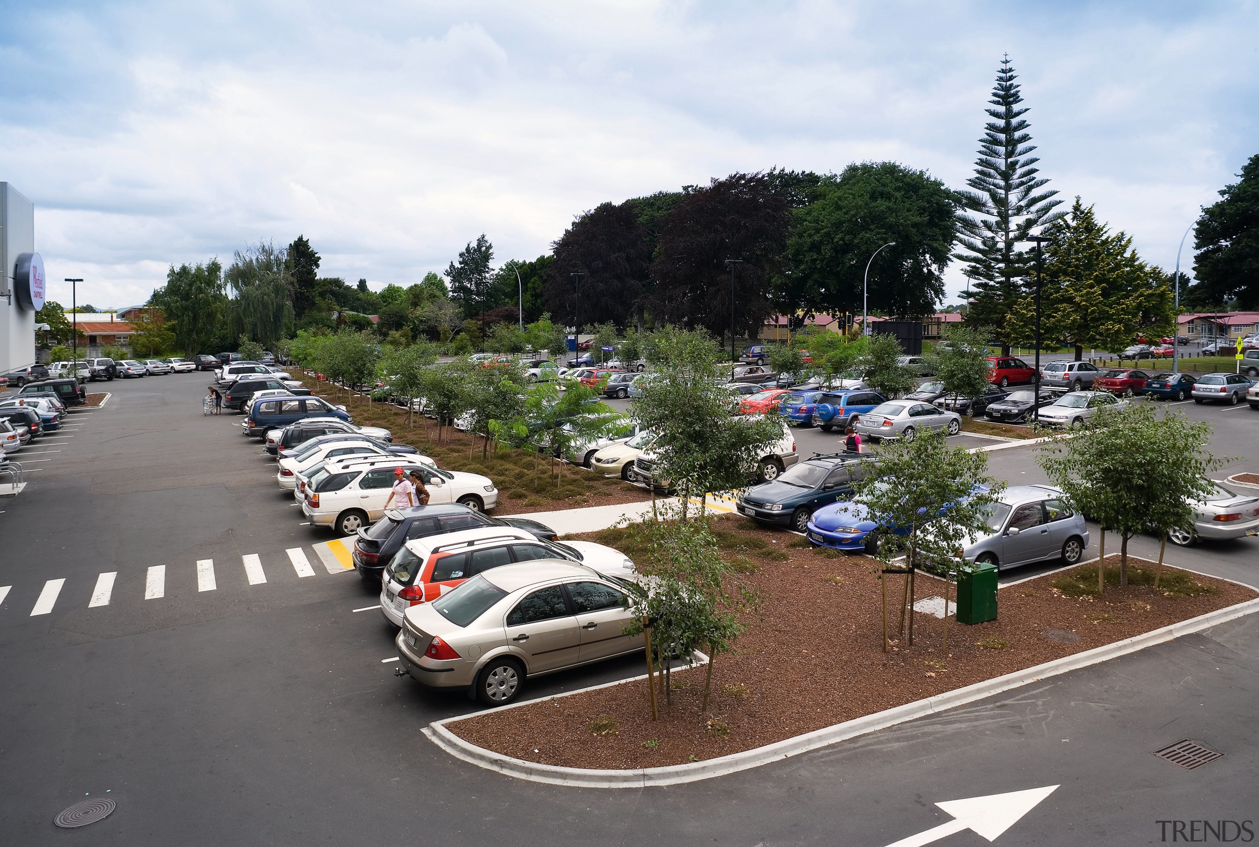 A view of some landscaping by Hortspec Landscaping. asphalt, car, city, family car, lane, luxury vehicle, mode of transport, motor vehicle, parking, parking lot, plant, residential area, road, sedan, street, transport, tree, vehicle, white, gray