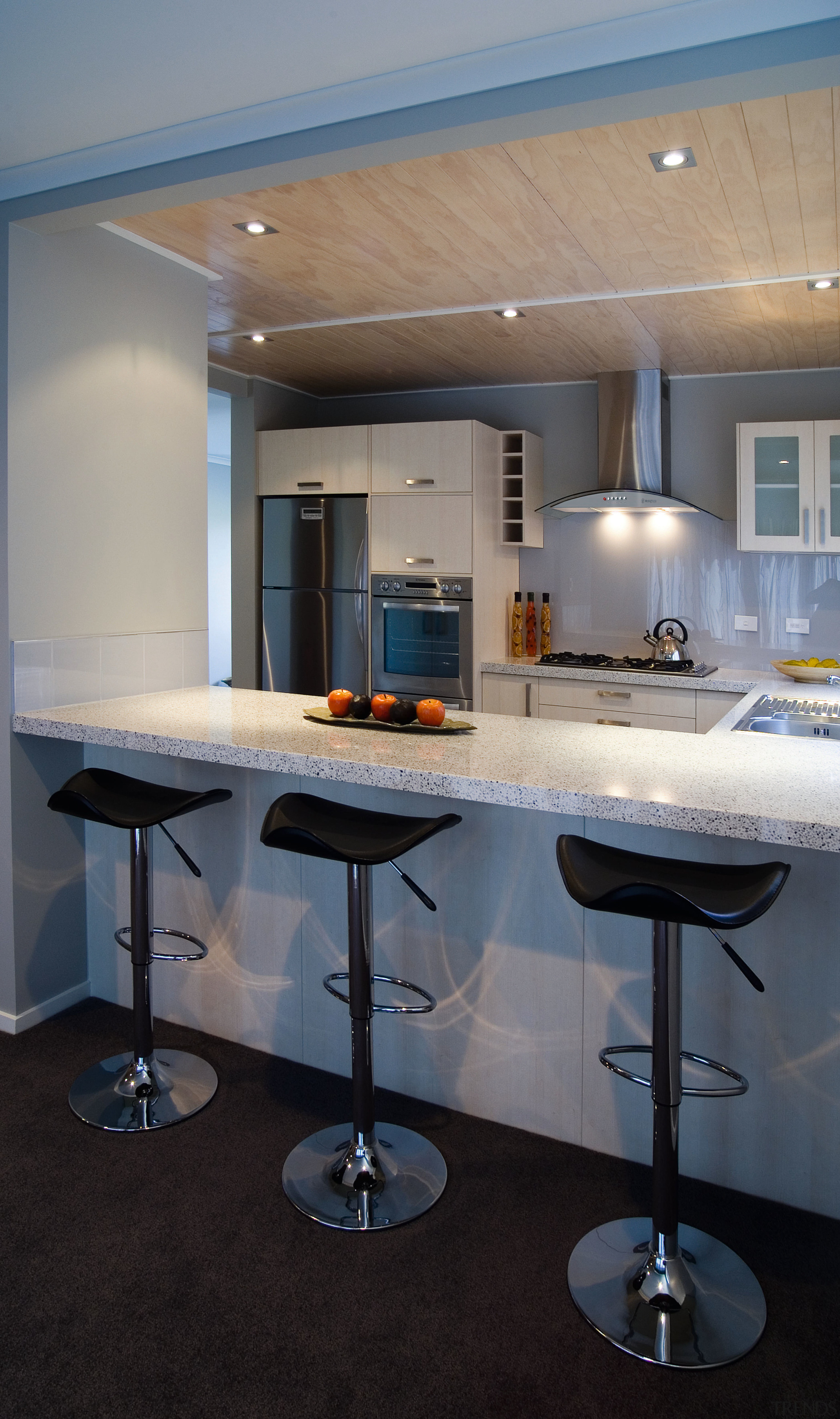 A view of some kitchen appliances from Westinghouse. architecture, ceiling, countertop, furniture, interior design, kitchen, table, gray, black