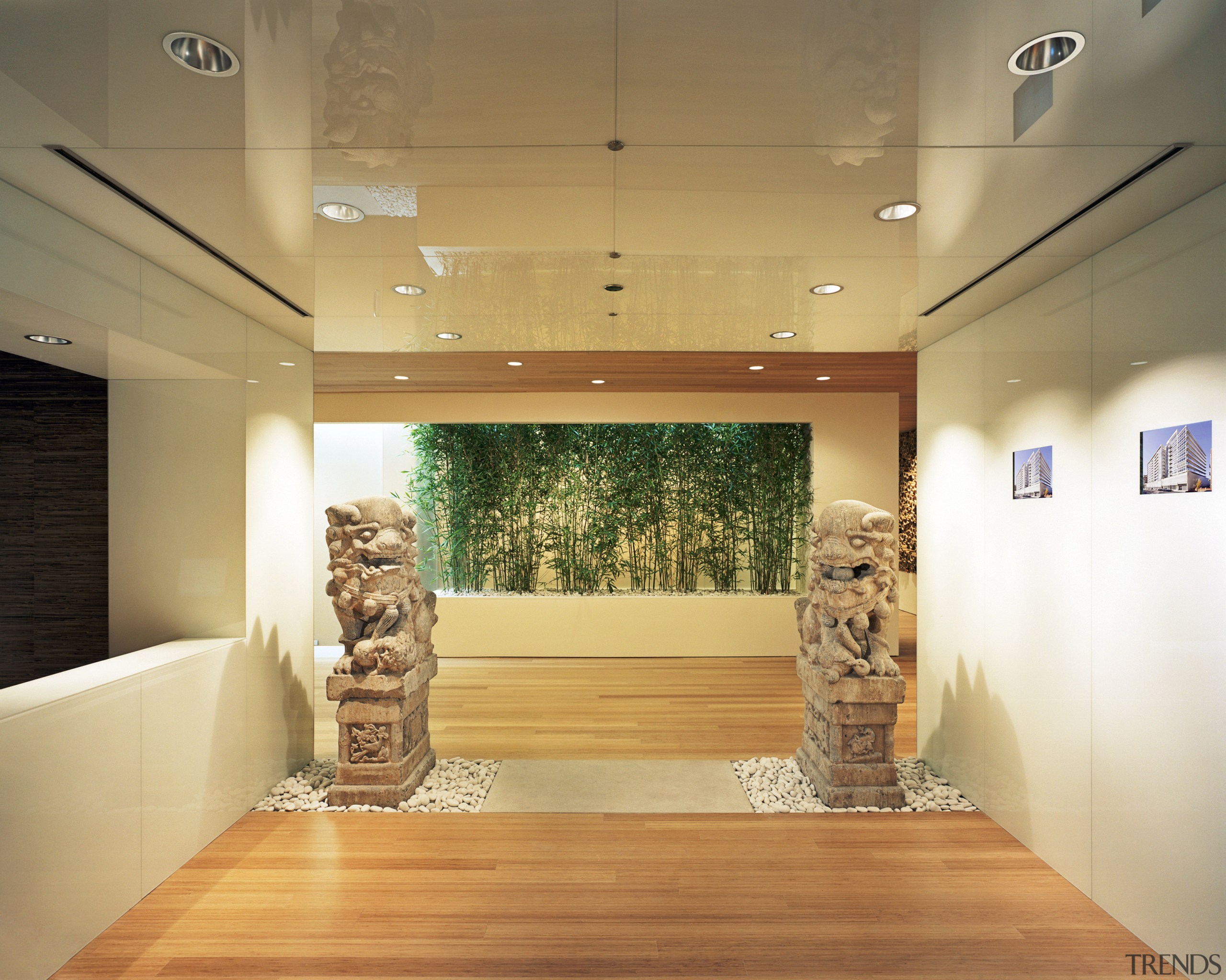 Views looking through the interior of the office. ceiling, exhibition, floor, flooring, interior design, wood flooring, orange, brown