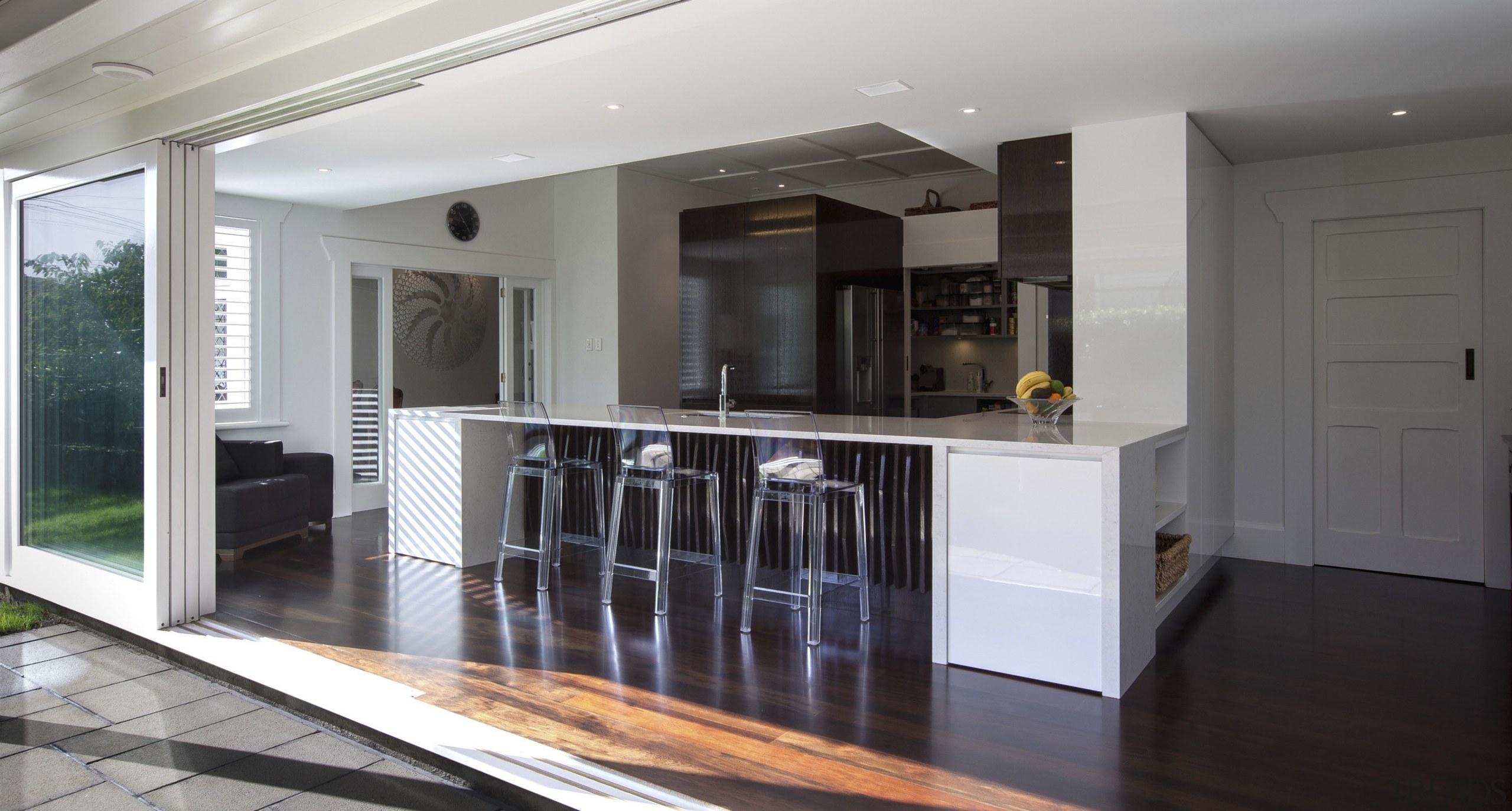 Old meets new  this traditional bungalow was countertop, door, floor, flooring, interior design, kitchen, property, real estate, gray, black