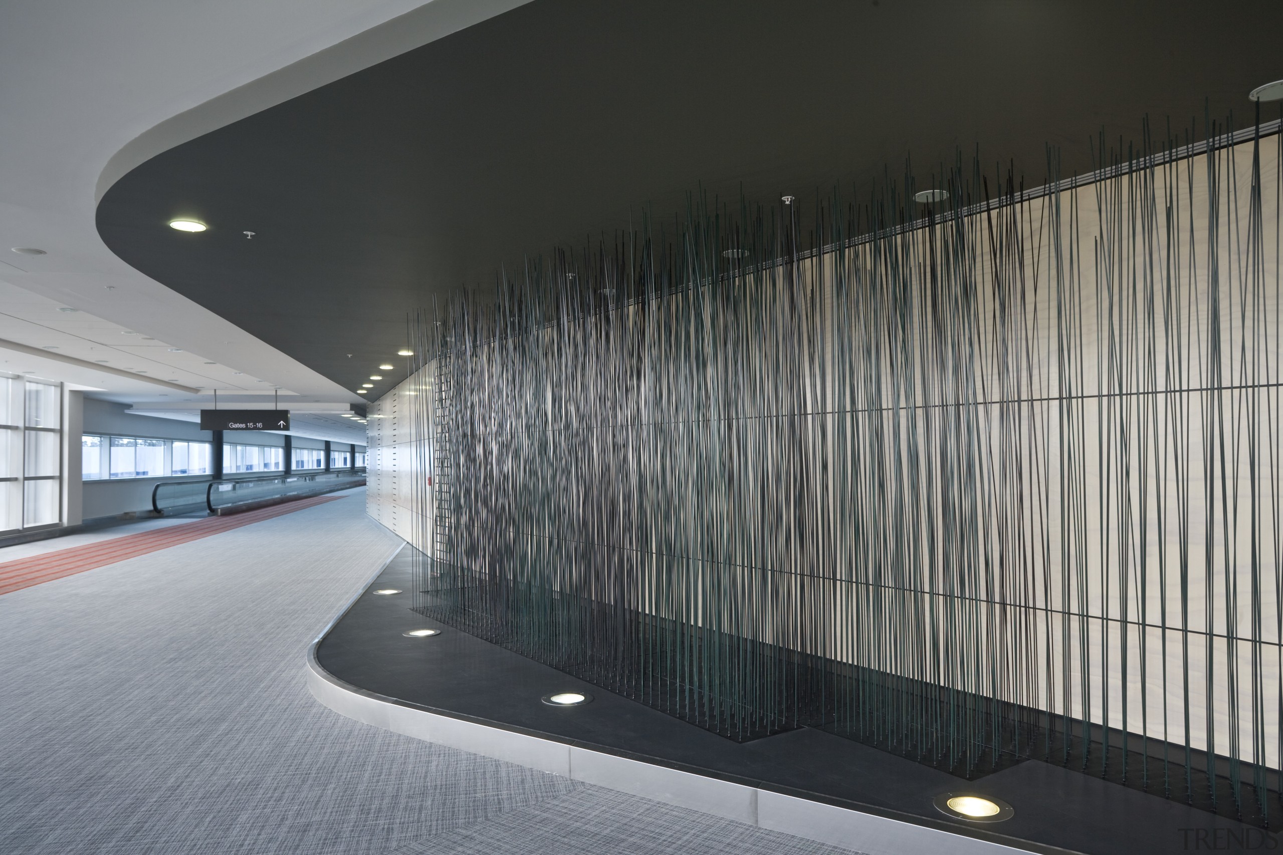 Image of the renovated international terminal at auckland architecture, ceiling, daylighting, facade, glass, interior design, structure, wall, gray, black