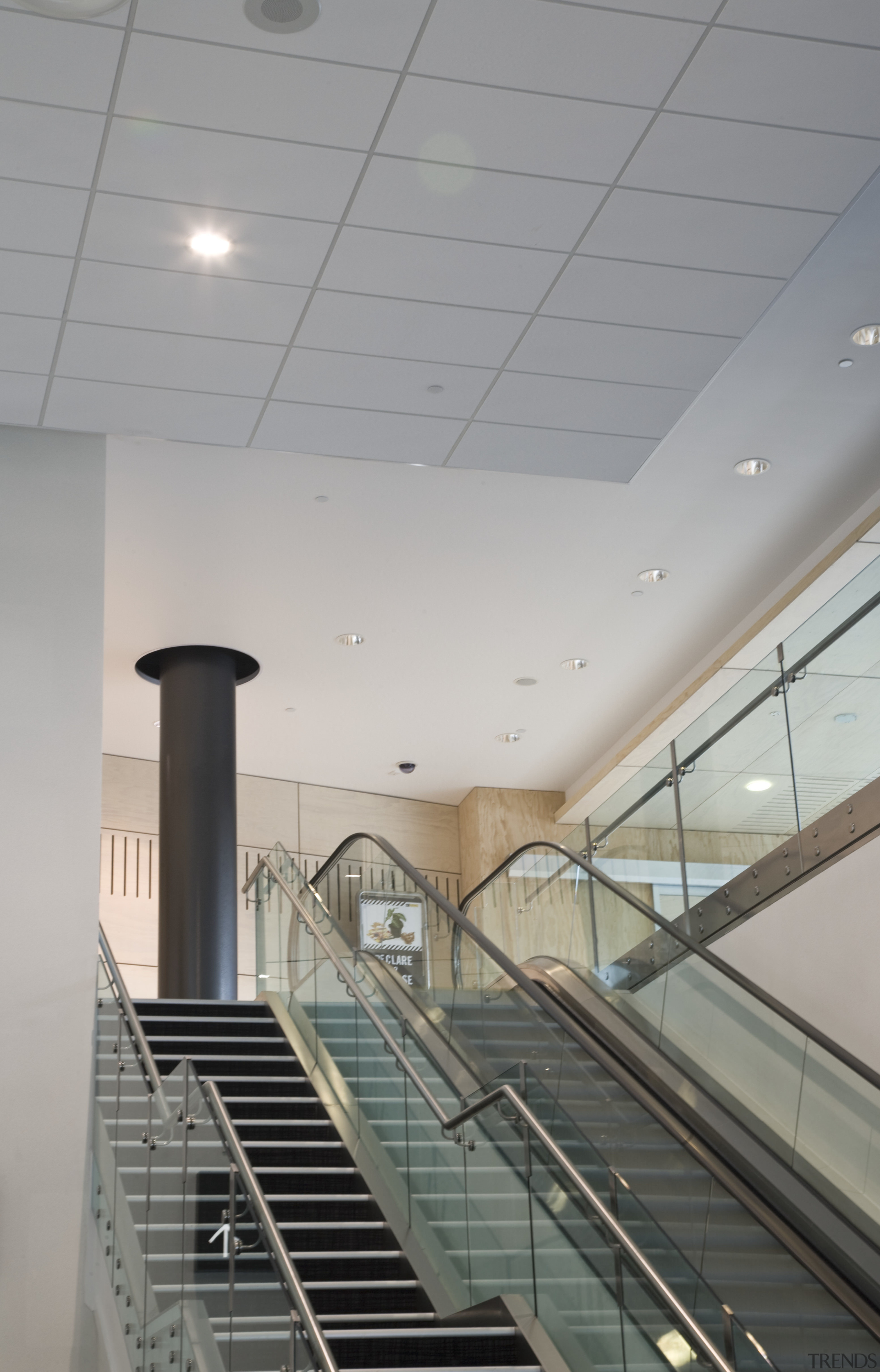 Images of the new ceilings at Auckland International architecture, ceiling, daylighting, glass, handrail, interior design, gray