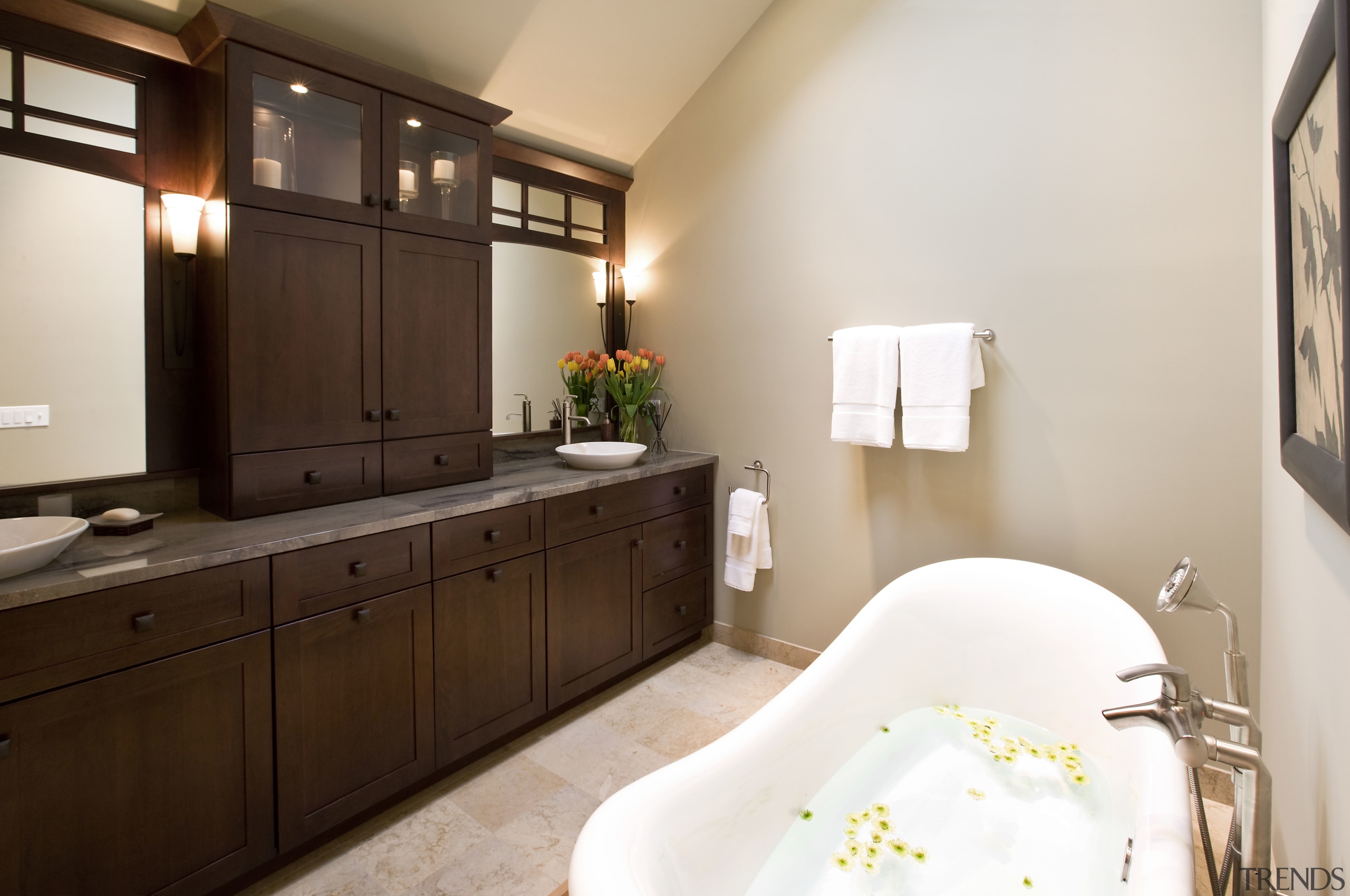 Image of this new bathroom featuring dark stained bathroom, home, interior design, room, white, brown