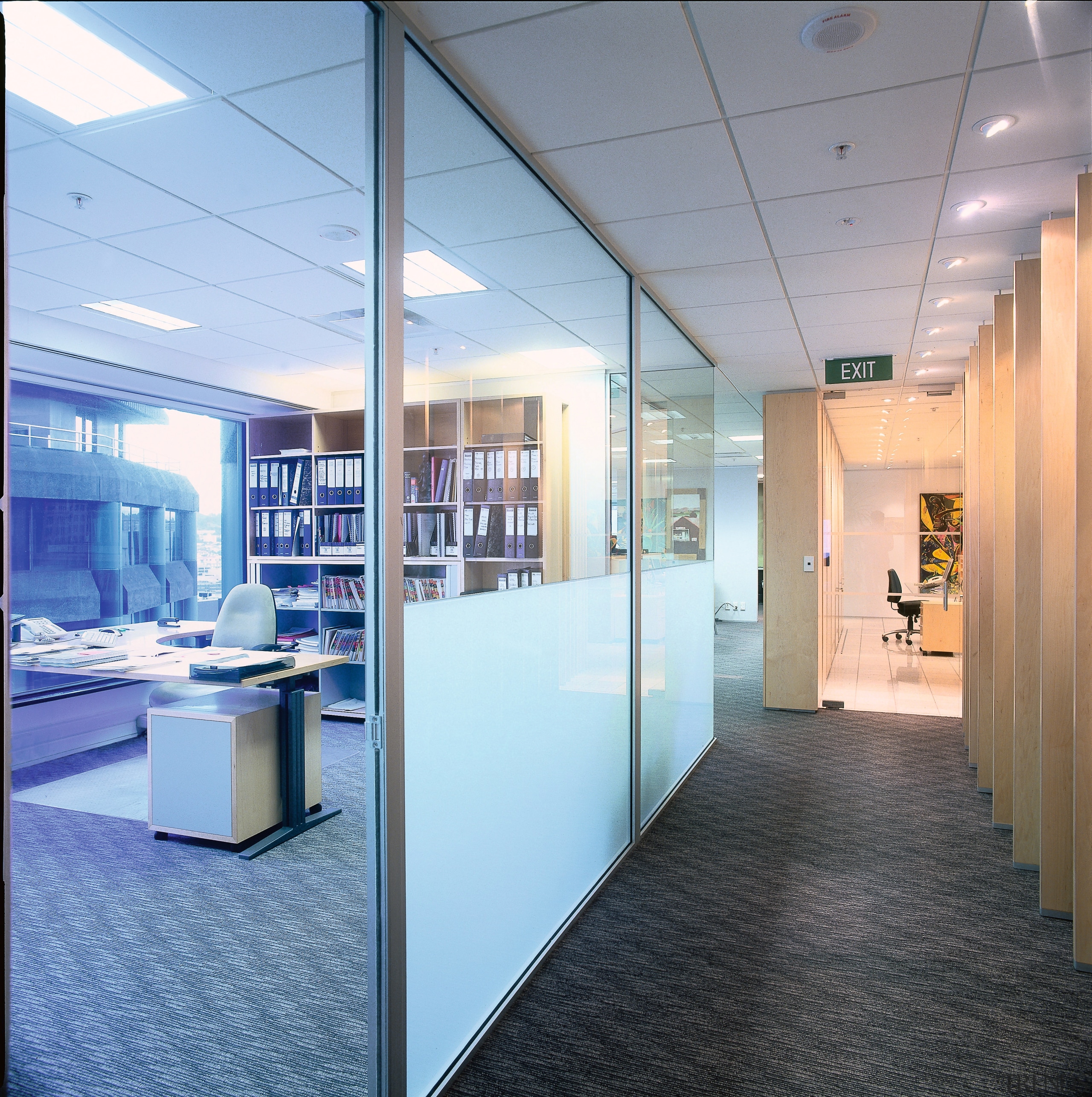 View of a hallway, carpet, glass screens dividing ceiling, floor, glass, interior design, office, teal