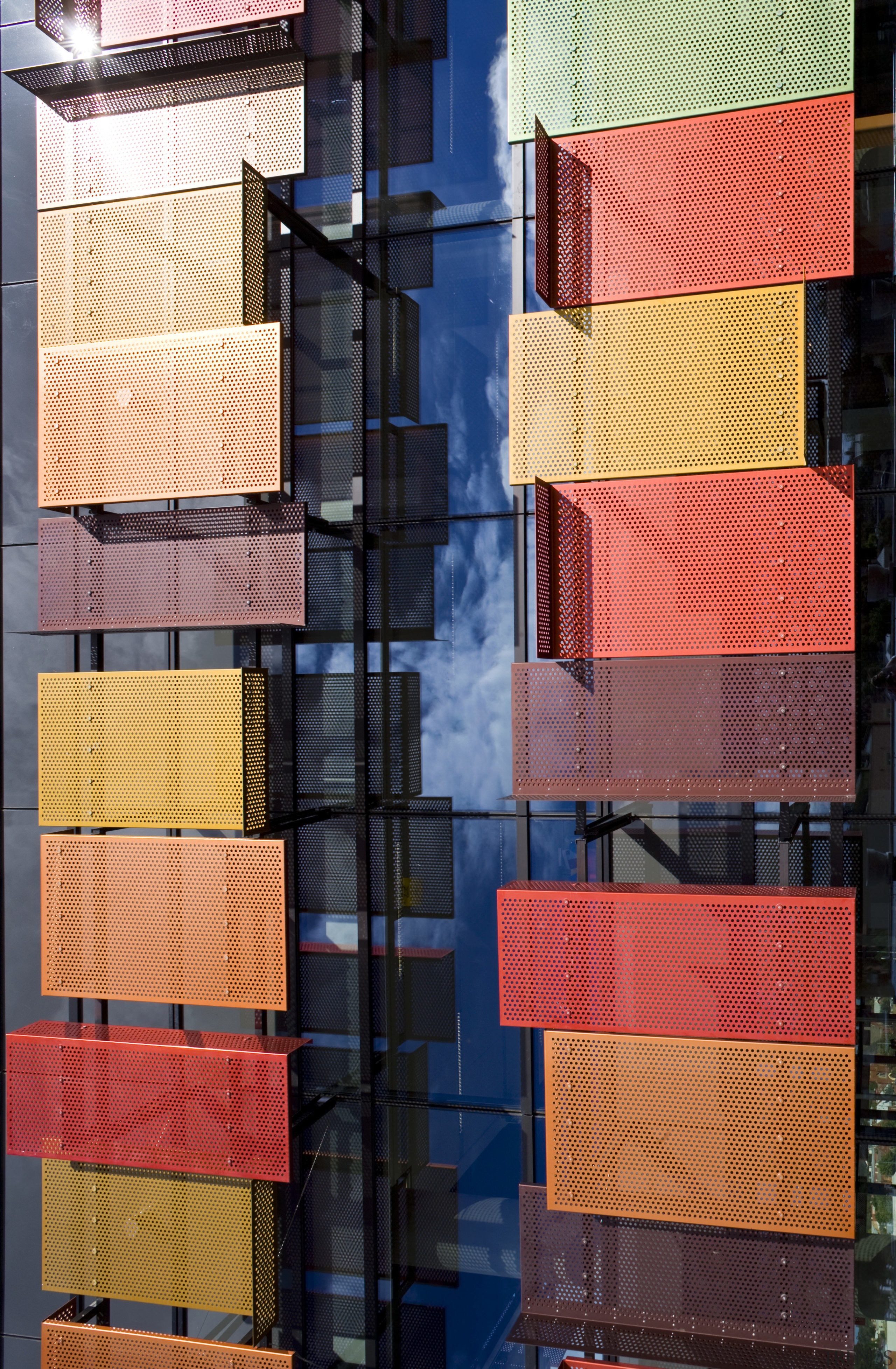view of the sustainable Bendigo Bank offices where architecture, building, facade, line, wall, wood, yellow, red