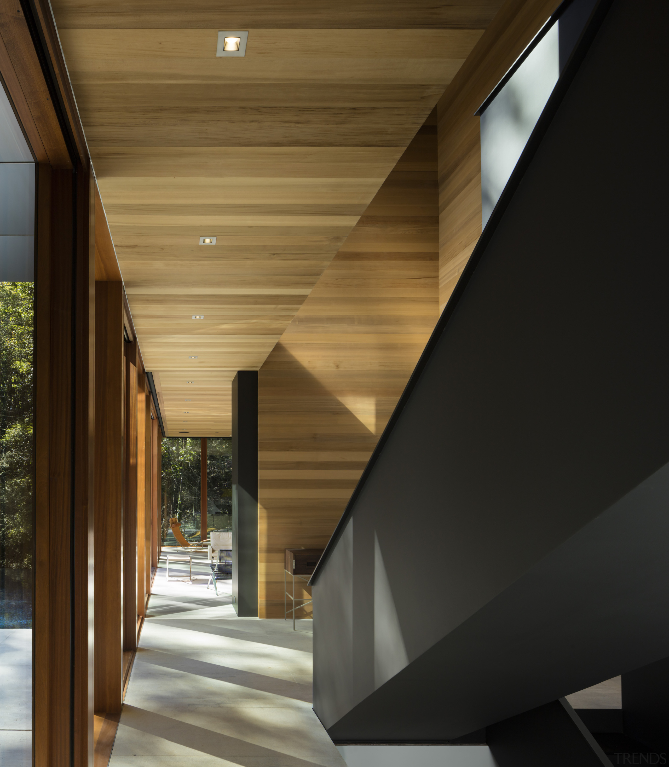 Cedar walls and ceiling complement the black steel 