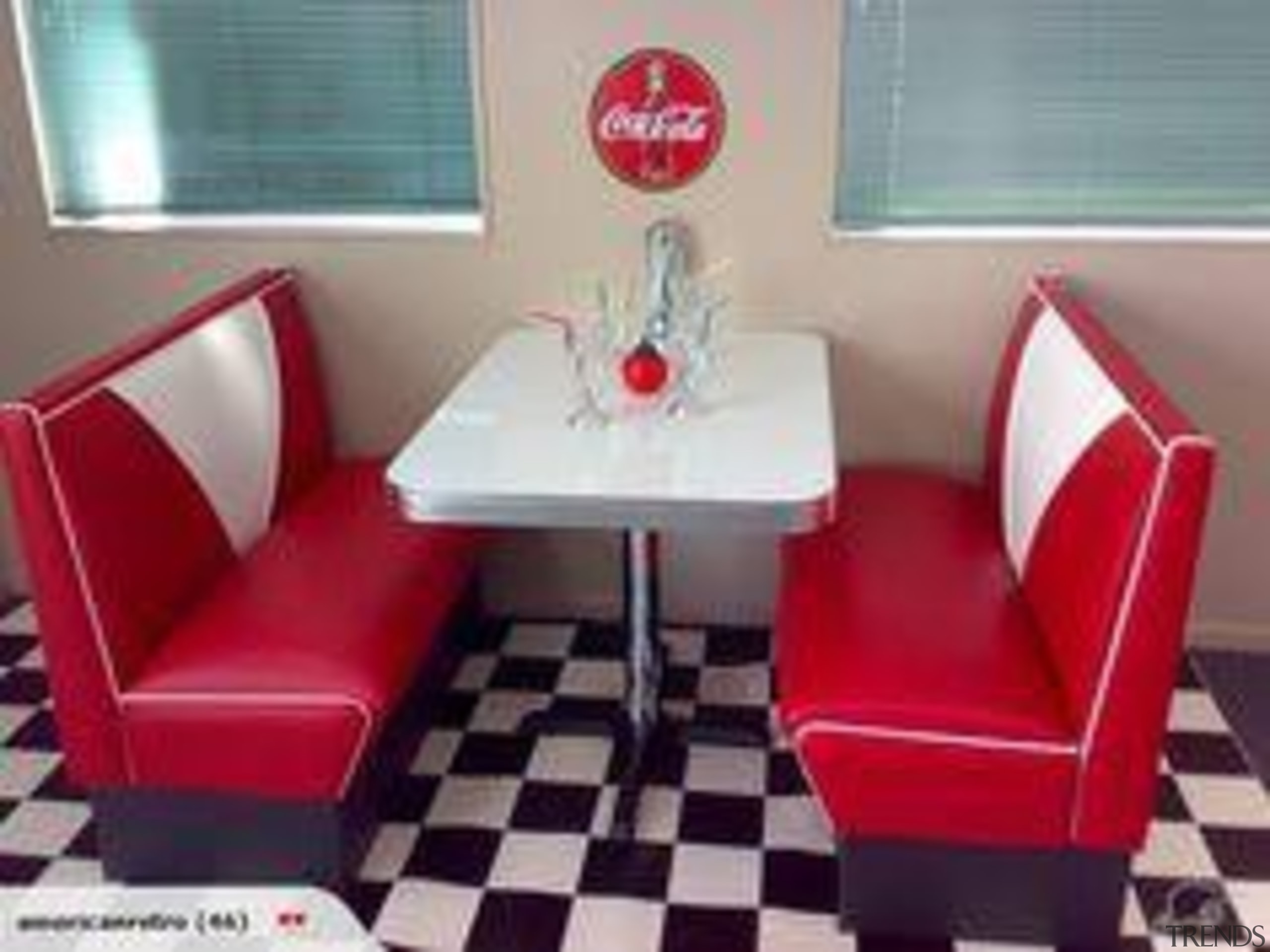 What a match for the fridge! I am chair, furniture, interior design, product, product design, restaurant, table, gray, red