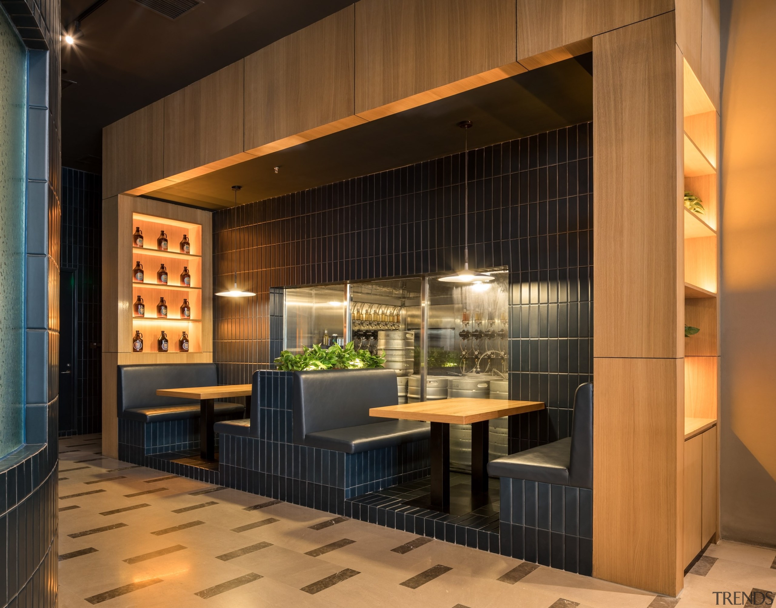 Intimate booths are part of the Oh Yeah architecture, building, cabinetry, ceiling, design, door, facade, floor, flooring, furniture, home, house, interior design, lighting, lobby, property, real estate, room, tile, wall, black, brown, orange
