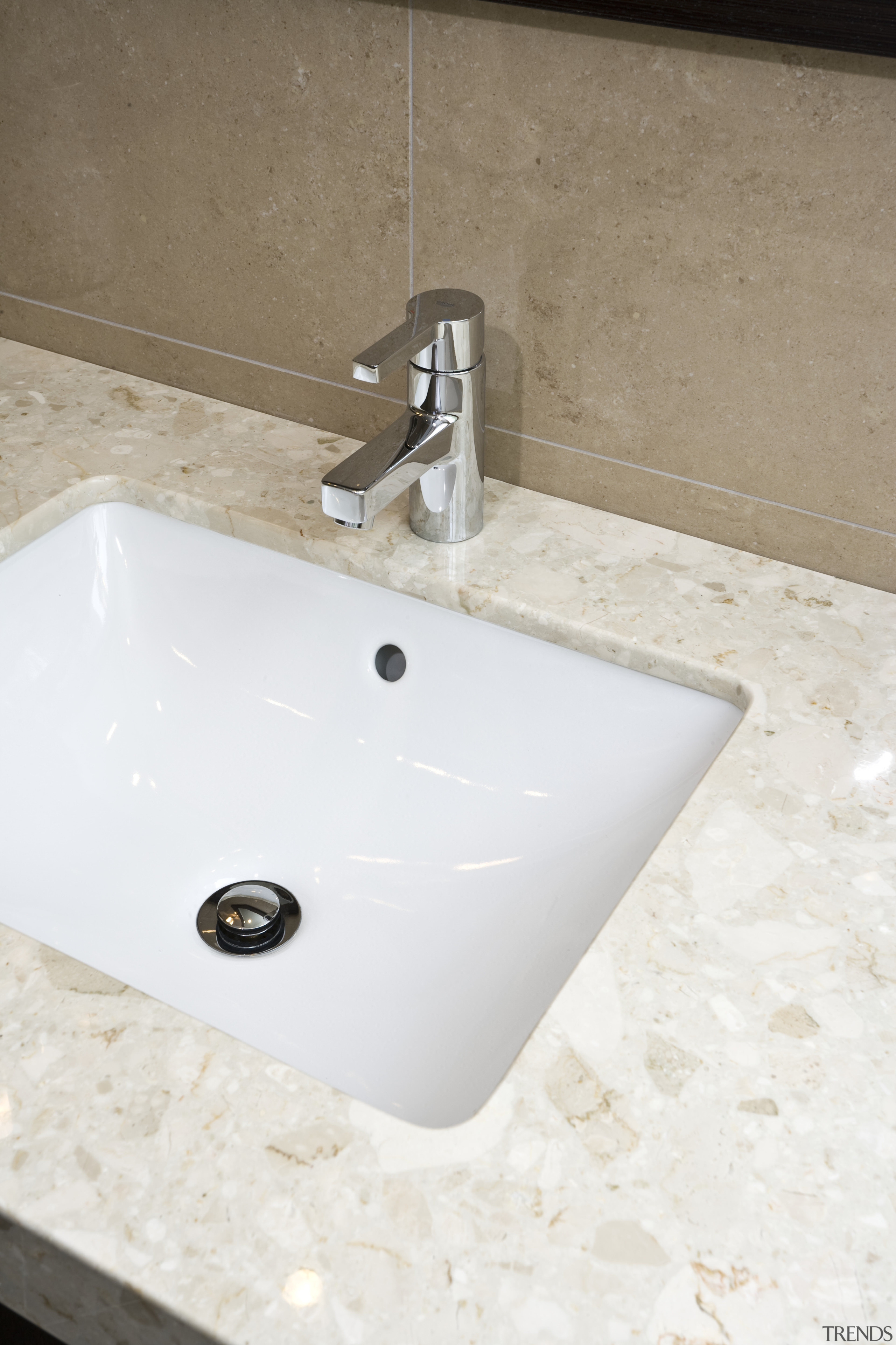 View of bathroom vanity with basin and tapware. bathroom, bathroom sink, ceramic, plumbing fixture, product design, sink, tap, white, brown