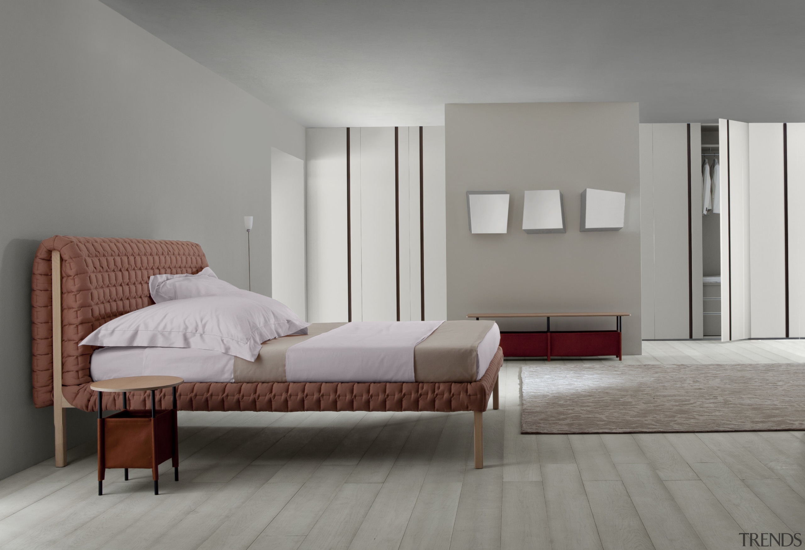 High-end luxury furniture from Lusty Lloyd's and Domo bed, bed frame, bedroom, floor, flooring, furniture, interior design, mattress, product design, room, wall, wood, gray