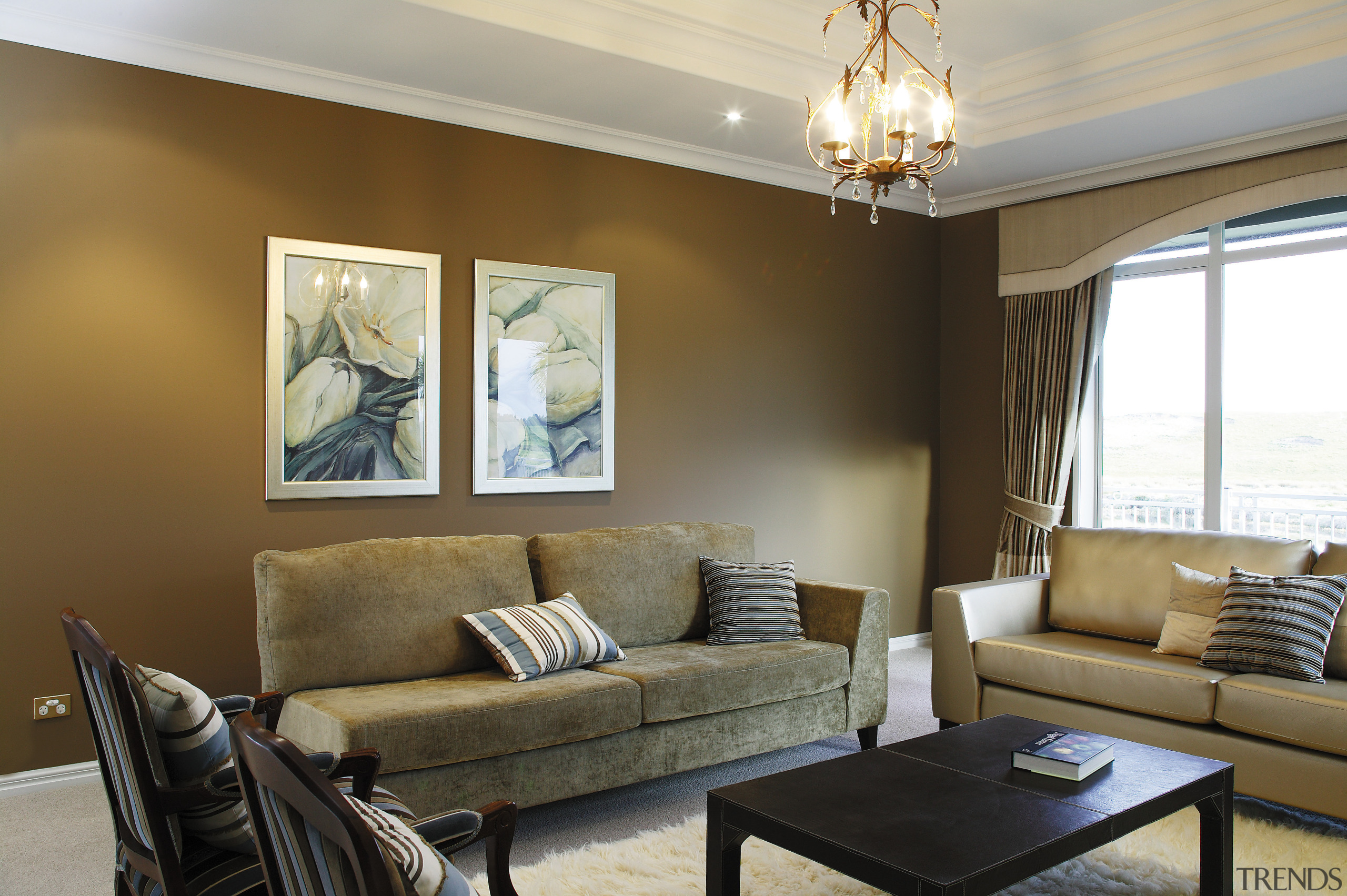 A view of some paints by Resene. - ceiling, home, interior design, living room, property, real estate, room, wall, window, brown