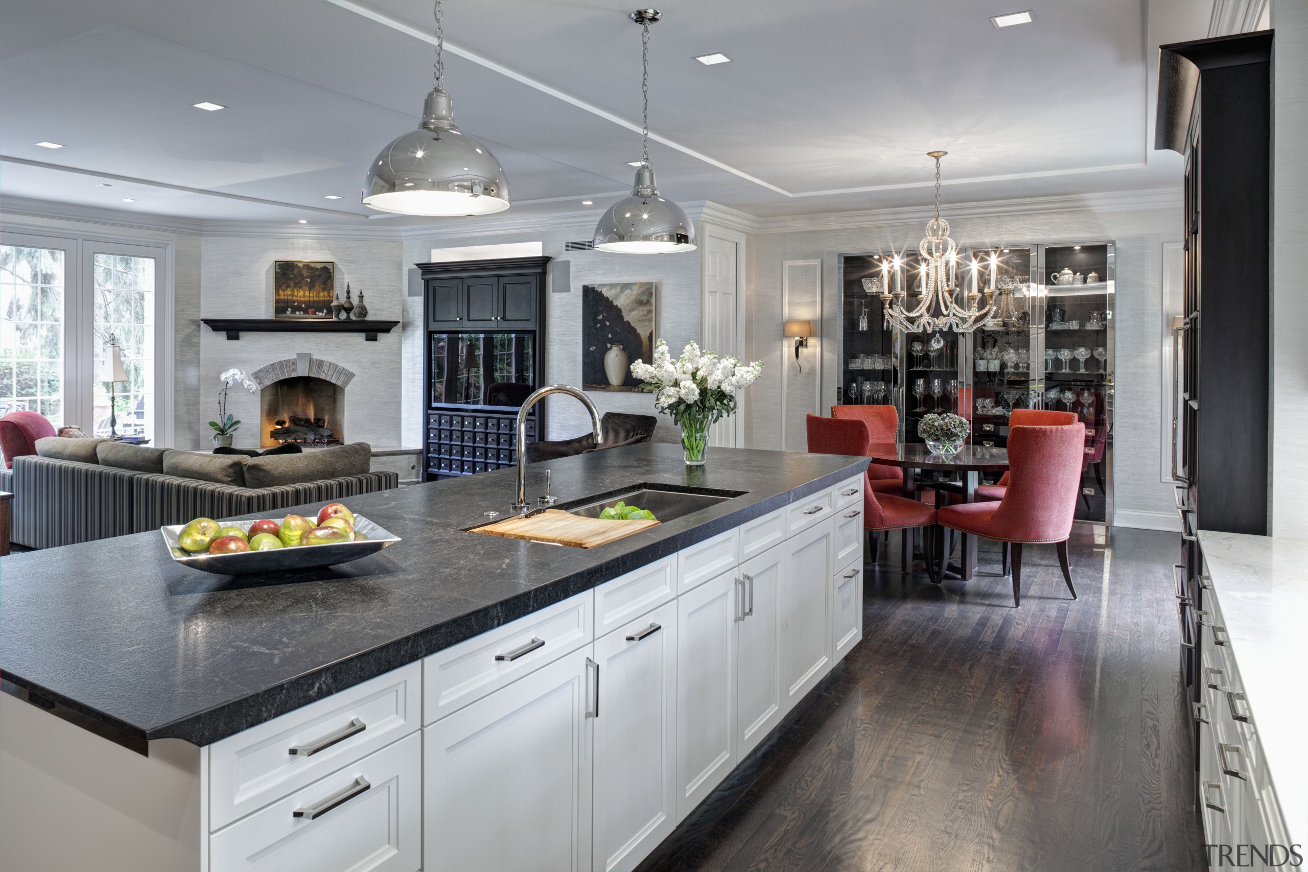 This Mick De Giulio  kitchen responds to countertop, cuisine classique, interior design, kitchen, real estate, room, gray