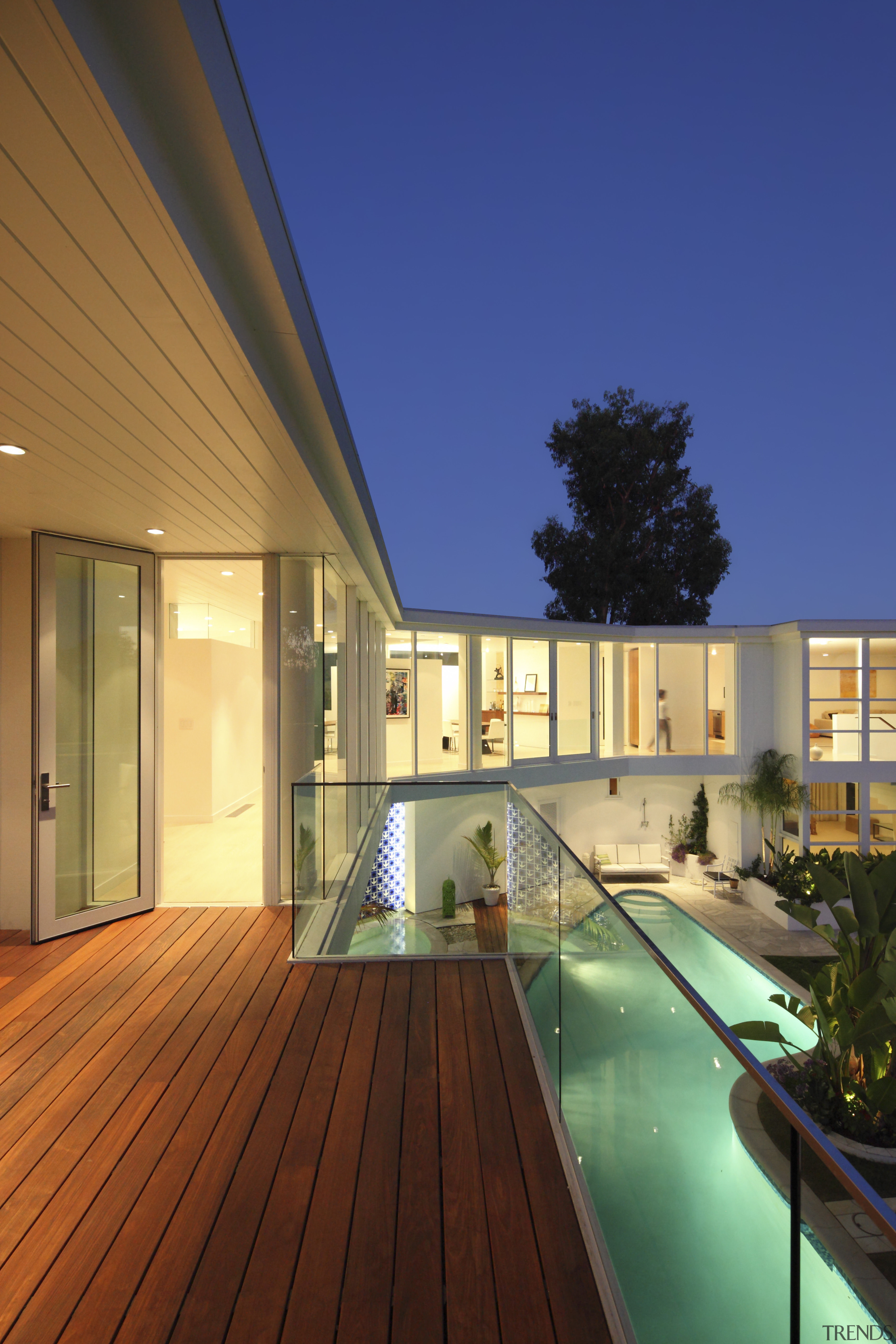 Extensive two-storey addition to 1950s residence. Architect Nicolas apartment, architecture, backyard, daylighting, deck, estate, facade, home, house, lighting, property, real estate, residential area, roof, siding, swimming pool, window, wood, blue, brown