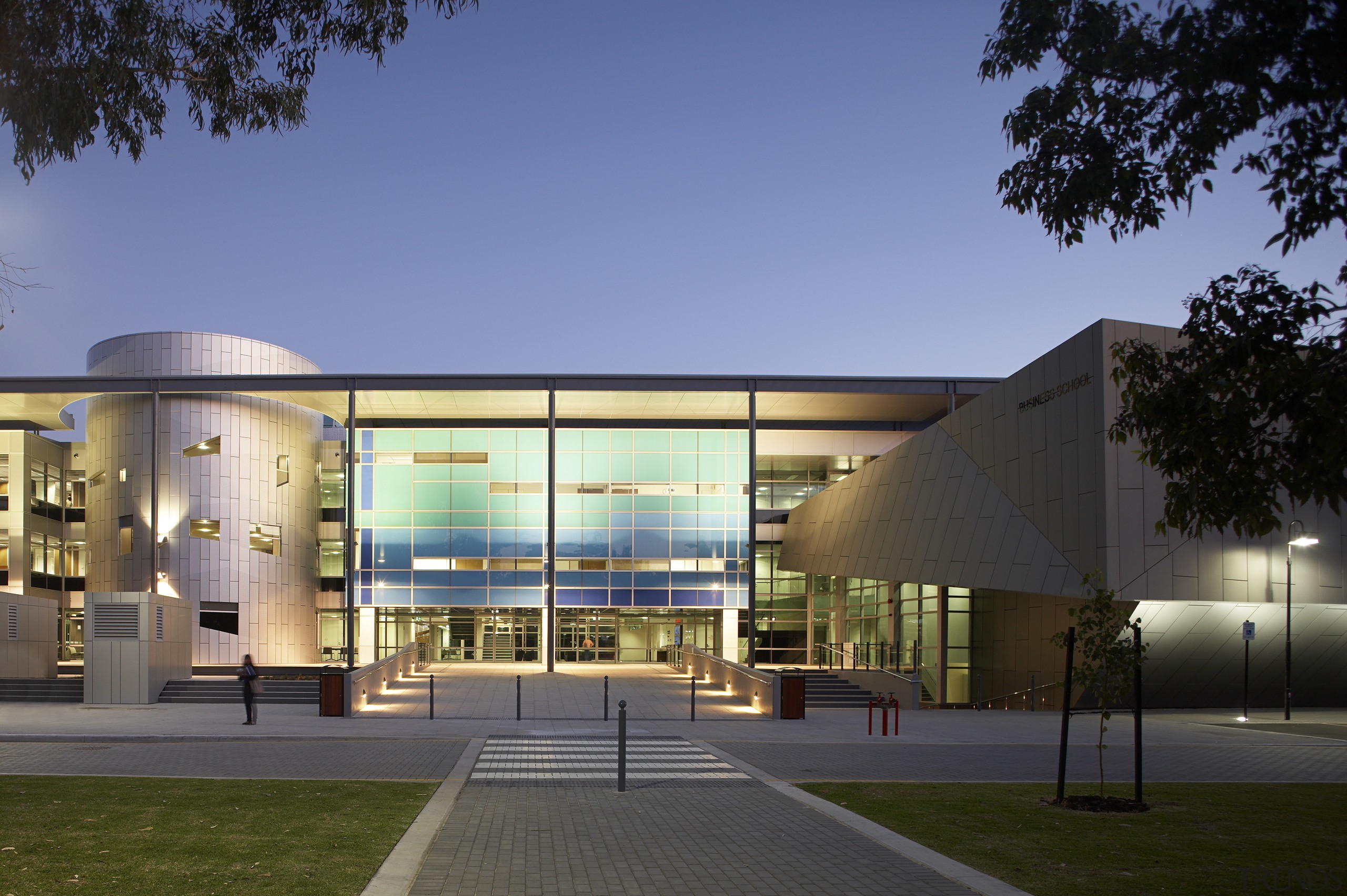 View of the new University of Western Australia's architecture, building, campus, commercial building, condominium, corporate headquarters, facade, headquarters, mixed use, real estate, reflection, residential area, blue, black