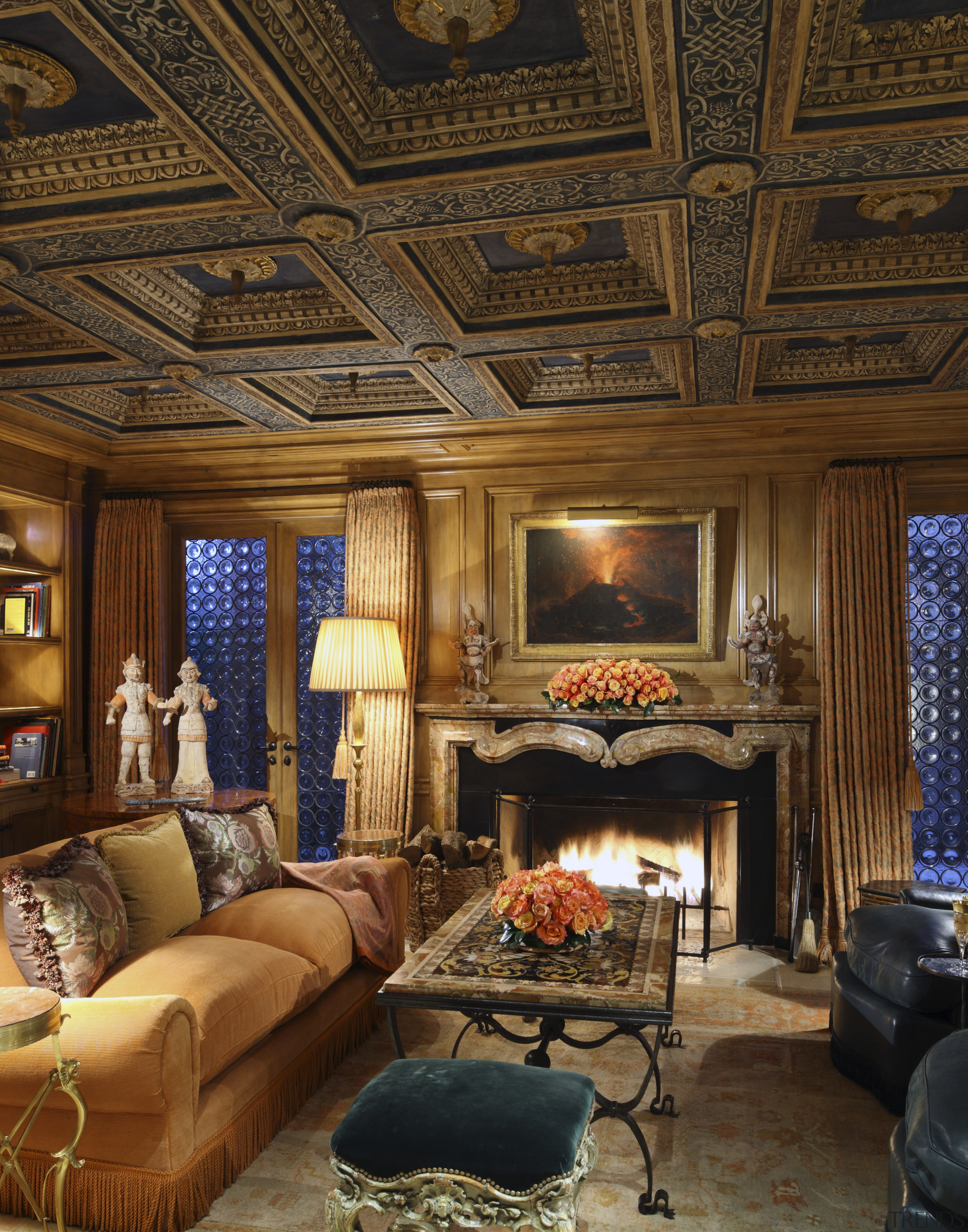 View of lounge area with gold toned couch ceiling, estate, home, interior design, living room, room, wall, brown