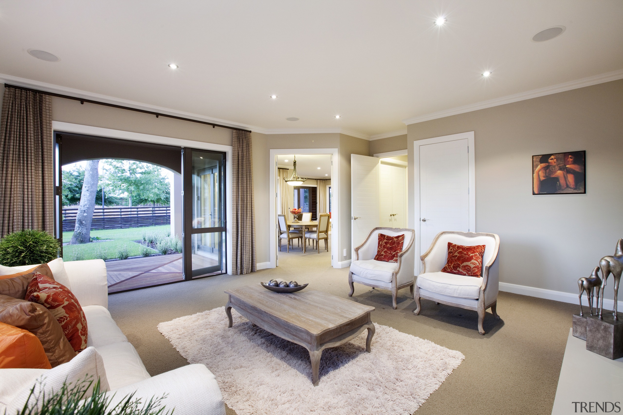 This house was designed and built by Landmark ceiling, estate, home, house, interior design, living room, property, real estate, room, window, gray