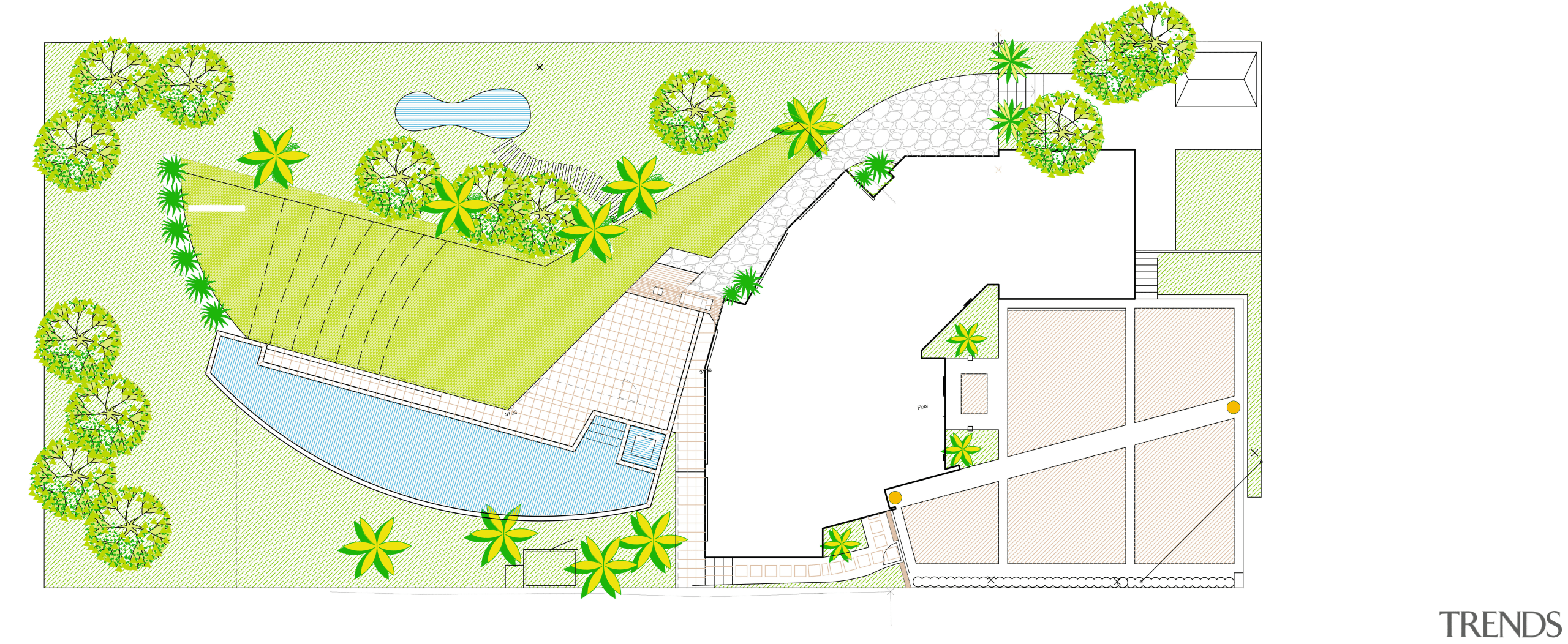 The owners of this 1990s home wanted a architecture, area, design, diagram, green, land lot, line, map, neighbourhood, plan, product design, residential area, urban design, water resources, white