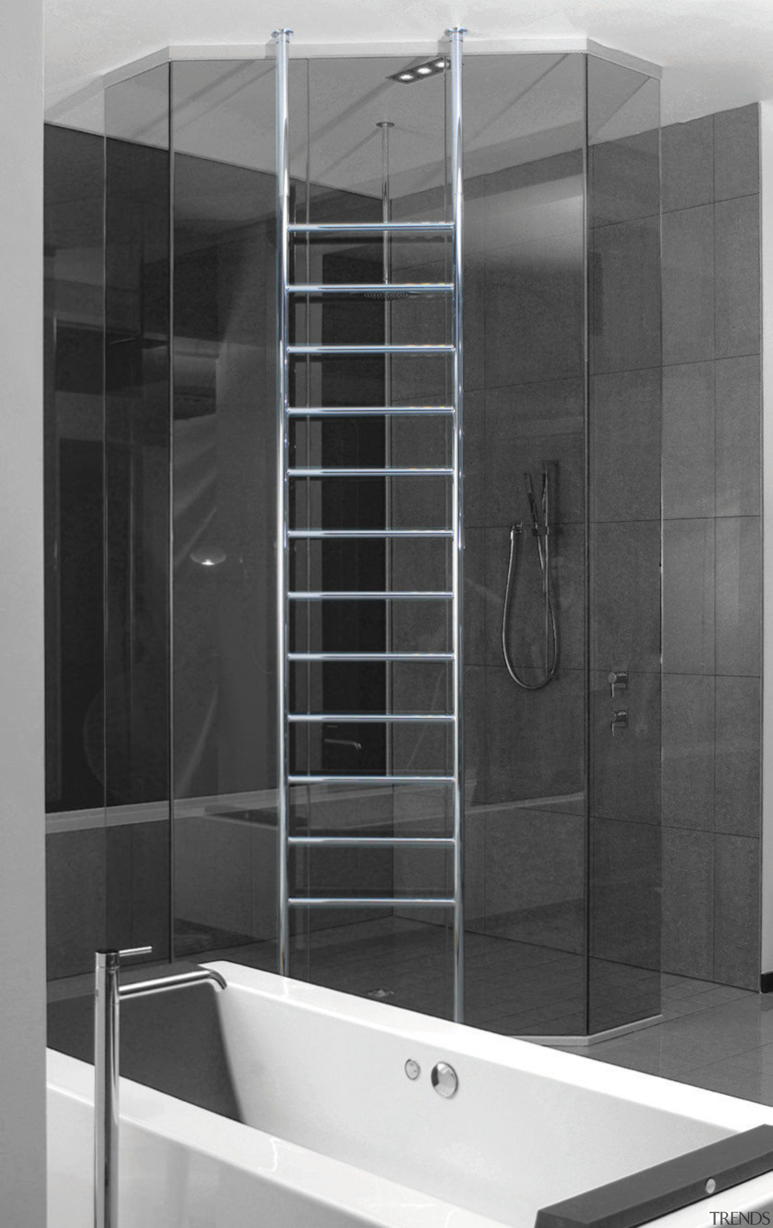 Image of a heated towel rail available from angle, bathroom, bathroom accessory, glass, plumbing fixture, product design, black