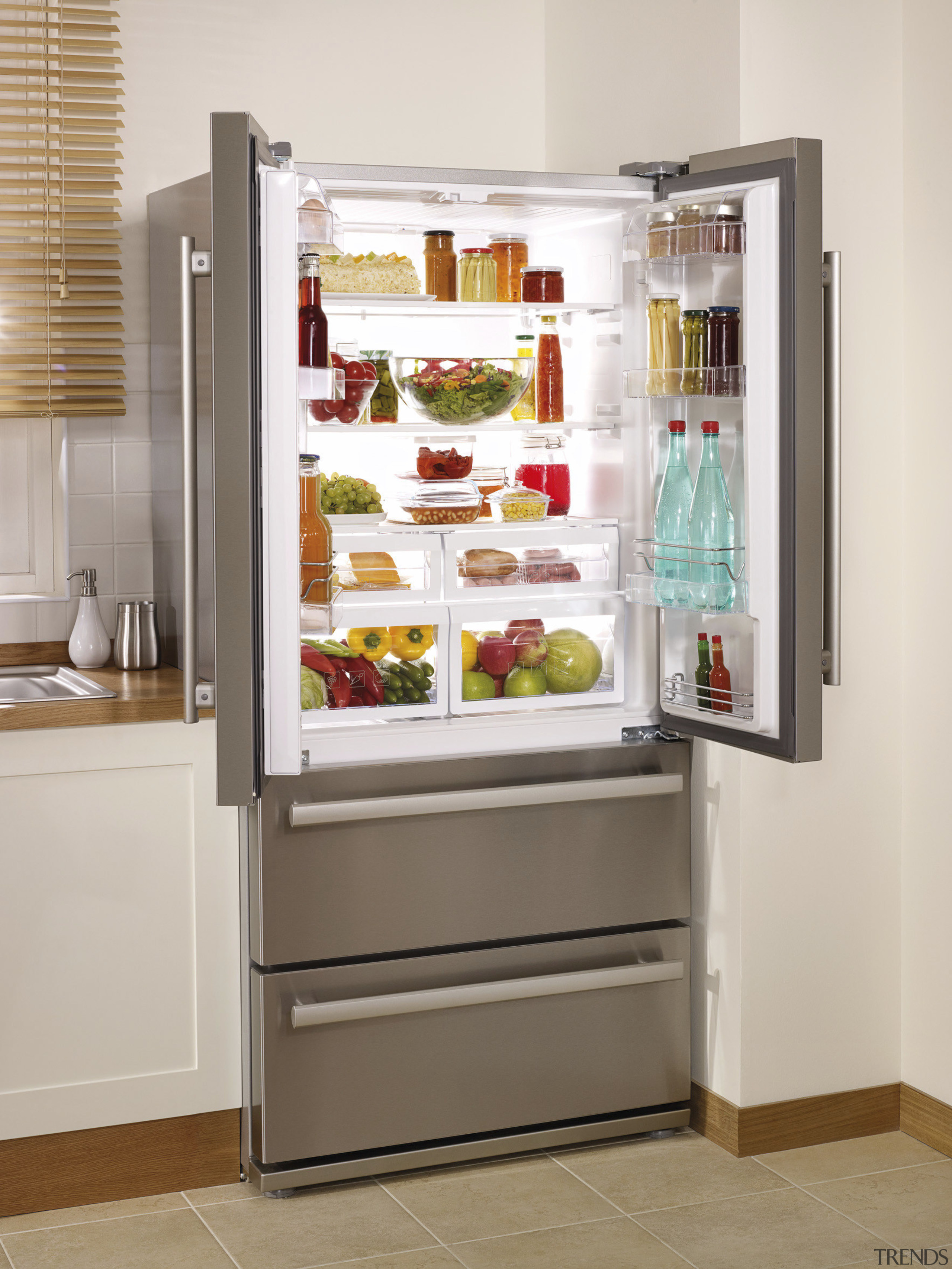 Fridge with doors open. - Fridge with doors display case, home appliance, kitchen appliance, major appliance, refrigerator, shelf, shelving, white