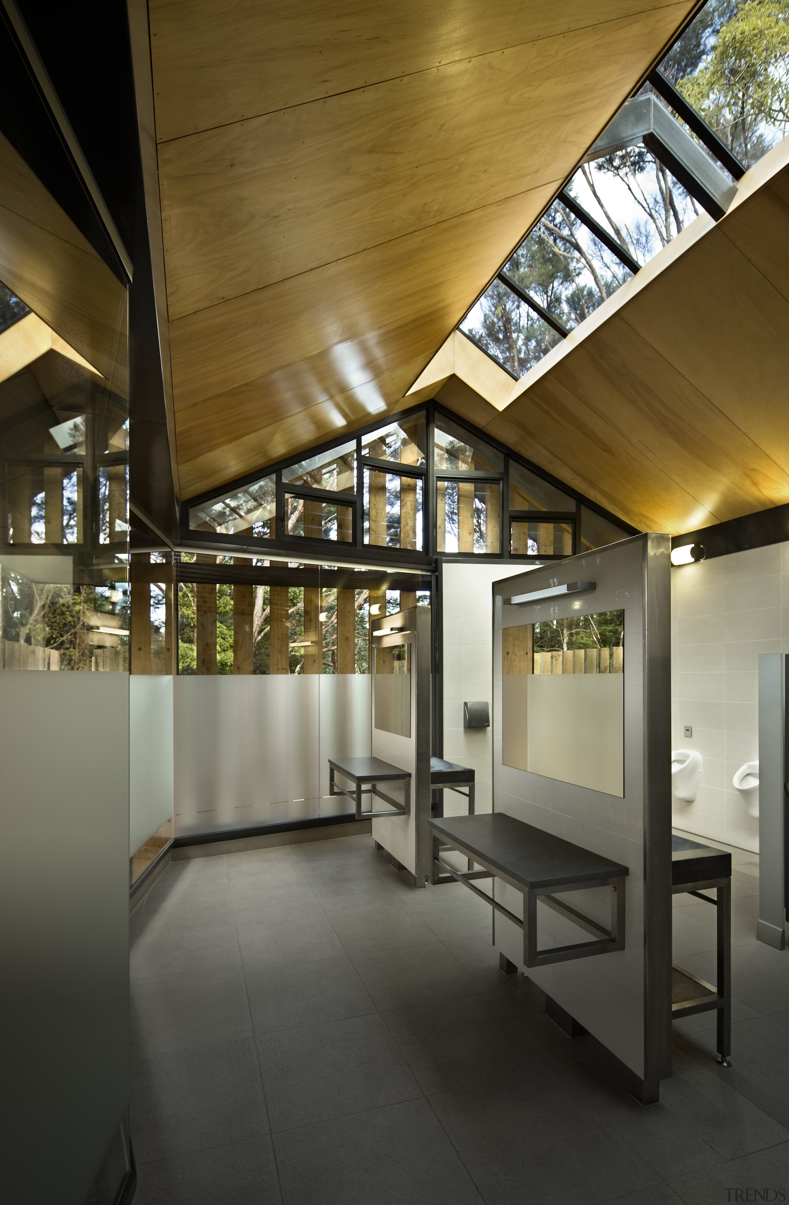 View of steel structured, slatted wood and glass architecture, ceiling, daylighting, house, interior design, lobby, tourist attraction, black, brown