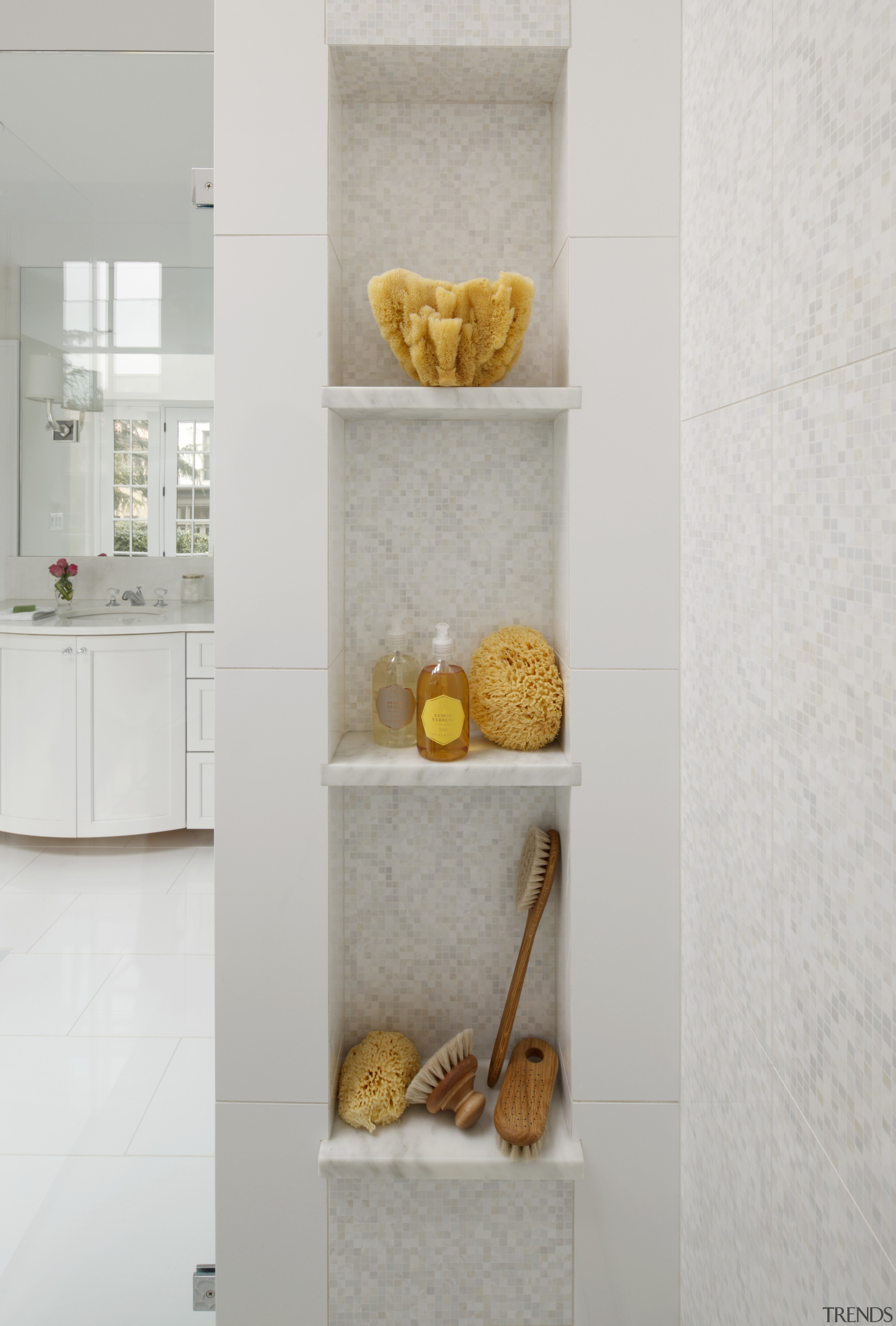 Niches in this shower wall accommodate sponges and bathroom, bathroom accessory, bathroom cabinet, plumbing fixture, product design, room, shelf, shelving, tap, wall, gray